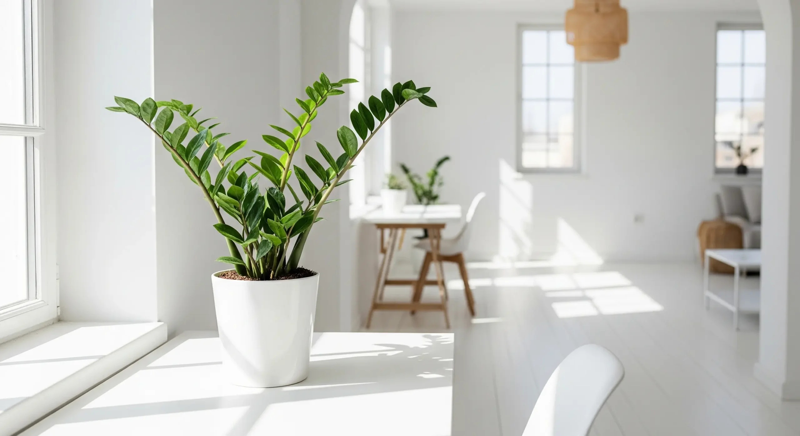 A healthy ZZ Plant in a white pot on a bright desk, an ideal **easy office plant** for modern minimalist spaces.