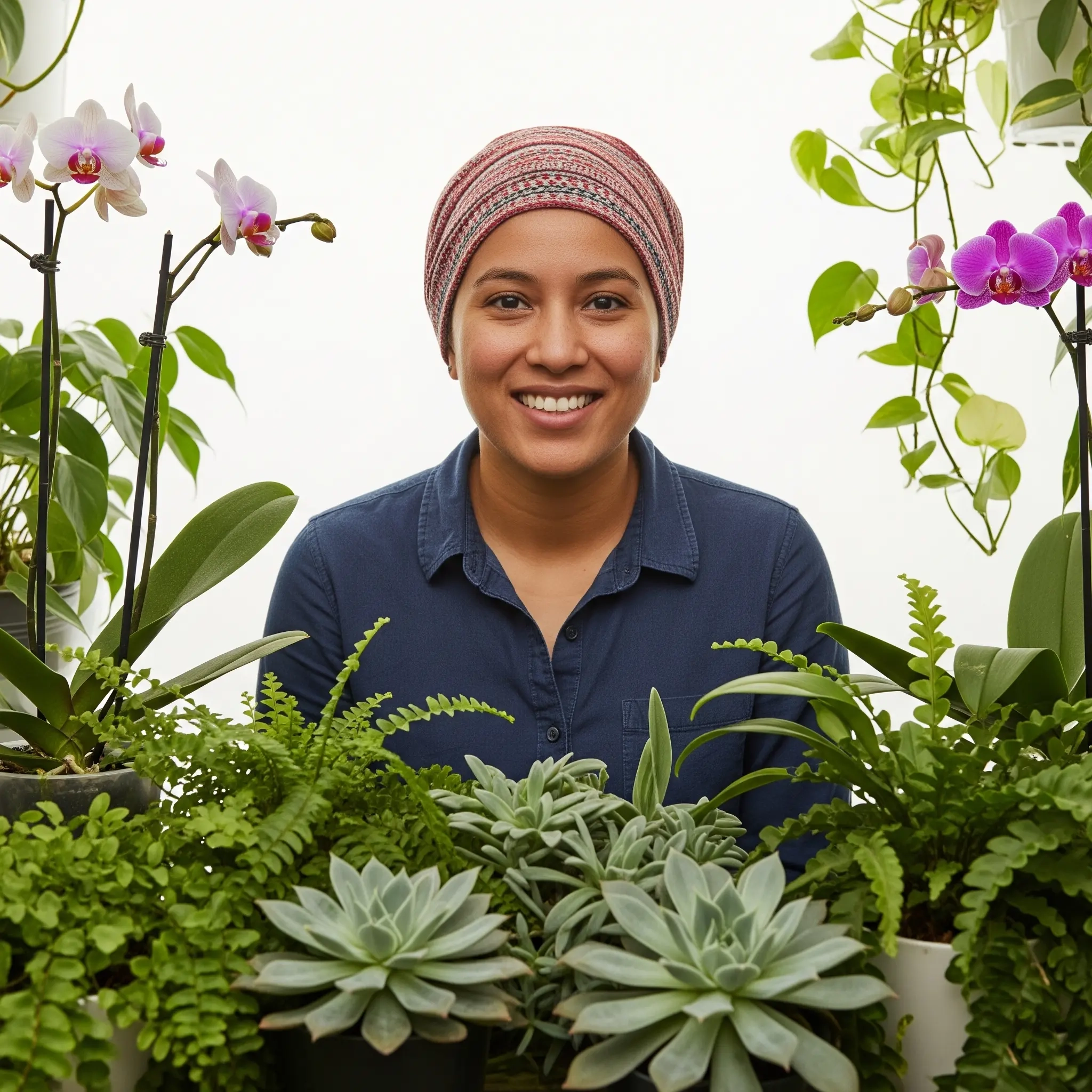 A friendly and welcoming face, inviting visitors to connect with the **Zen Plant Therapy** community and share their green journey.