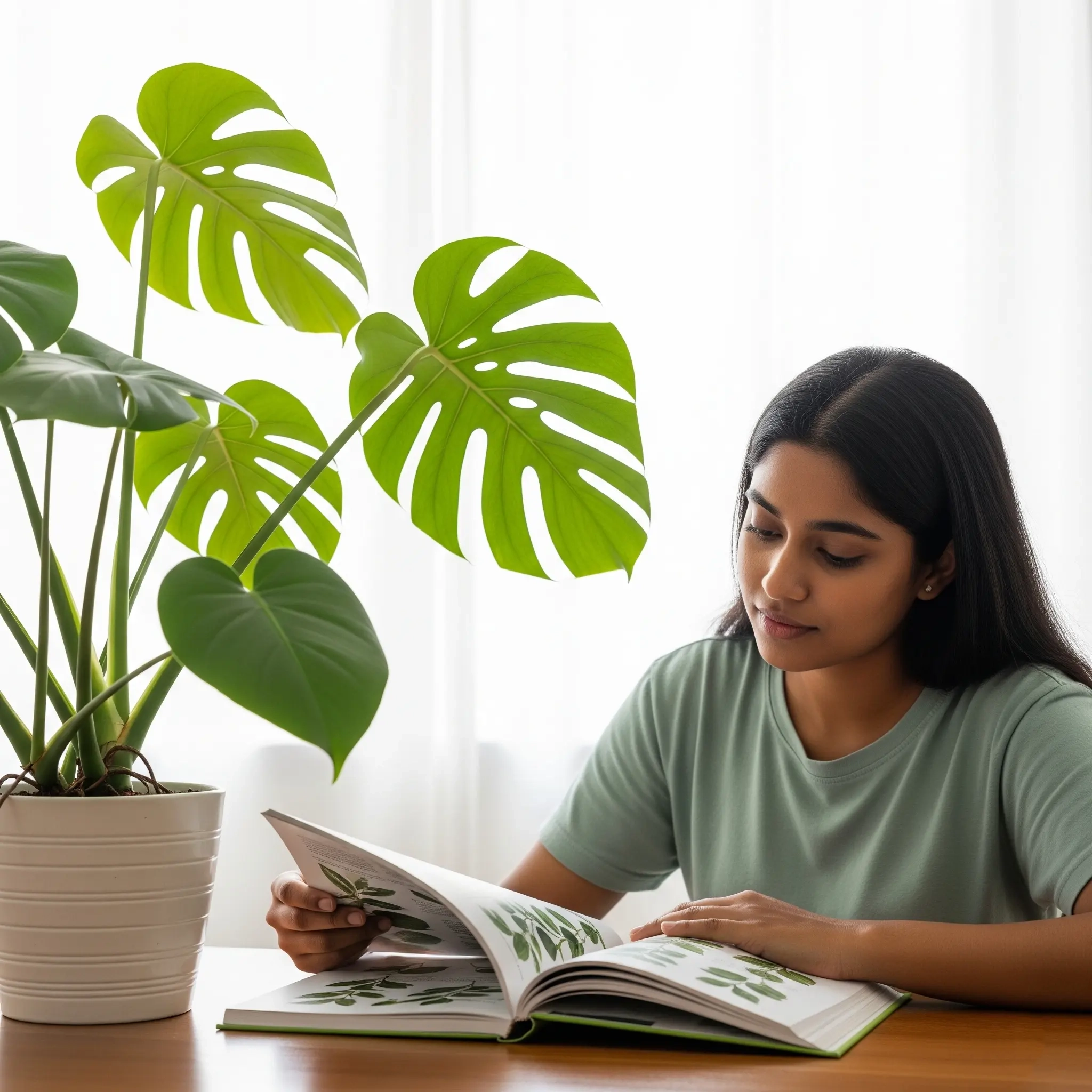 A person reading a book about plants next to an indoor garden, inviting exploration of the **Zen Plant Therapy** blog for expert guides.