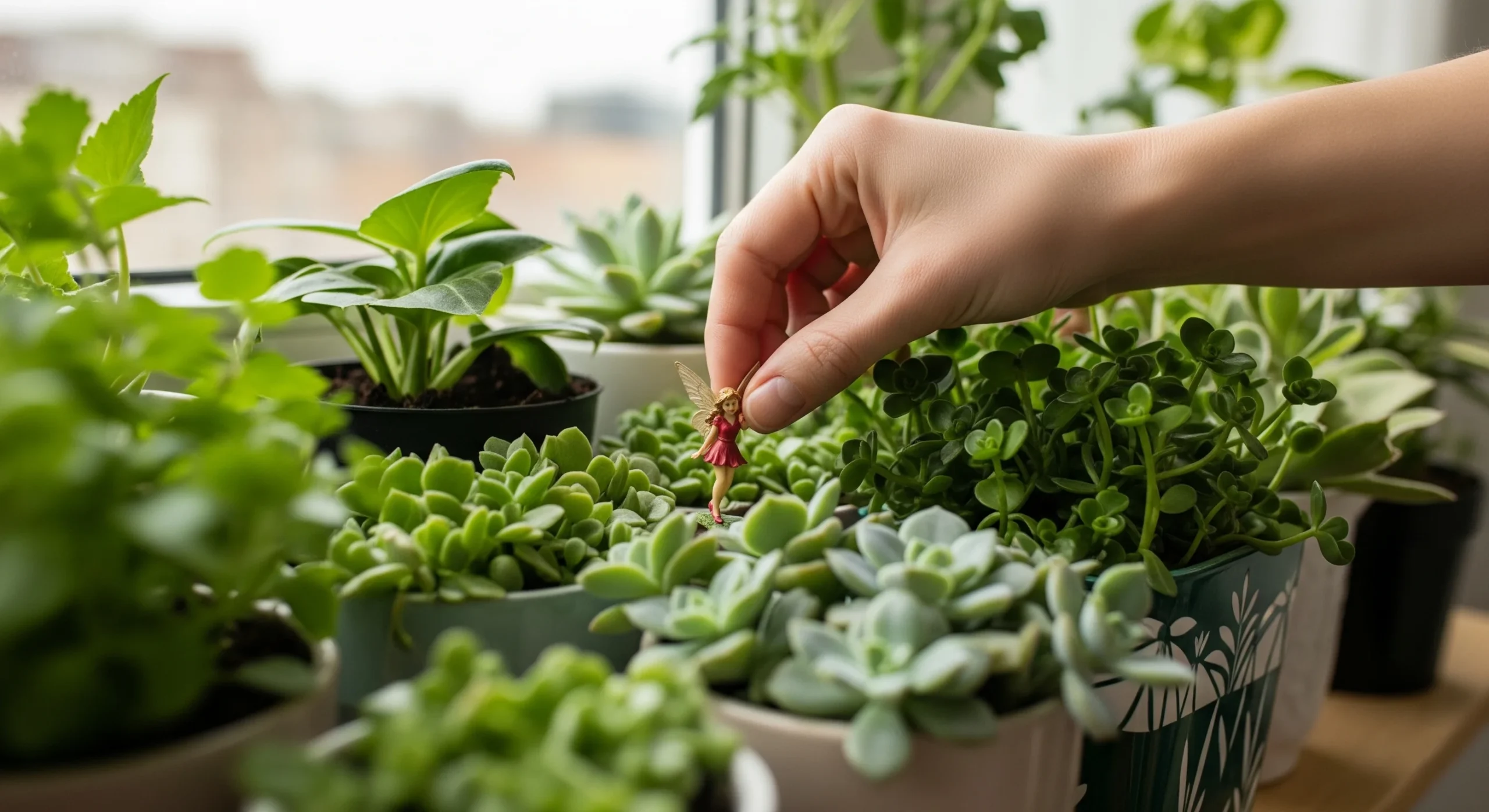 A hand placing a tiny fairy figurine among plants, illustrating the creation of **whimsical garden decor** to spark joy and enchantment.