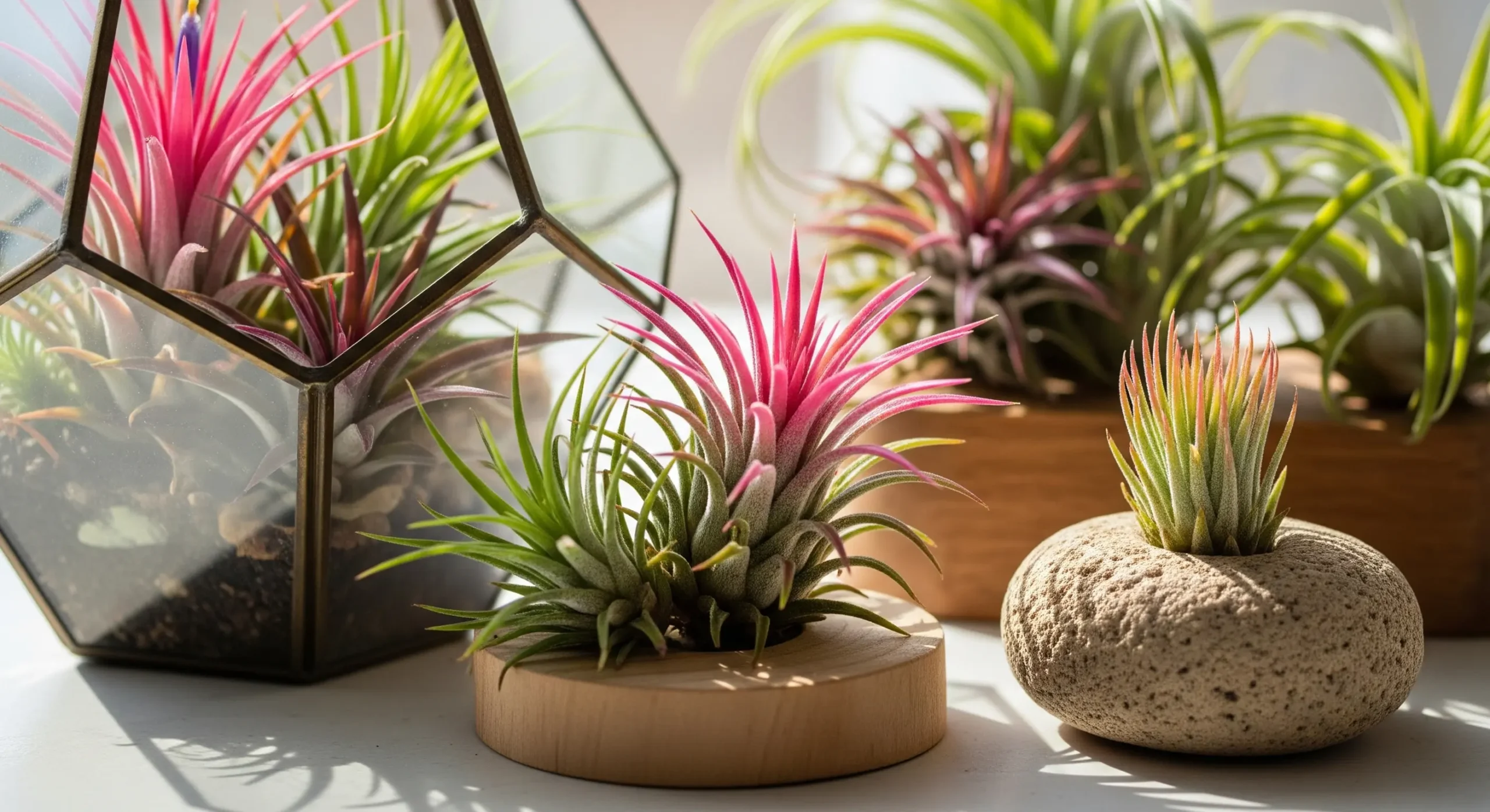 A collection of various Air Plants (Tillandsia) displayed creatively in glass terrariums and on small stands, ideal **plants for small apartments** due to their no-soil requirement.