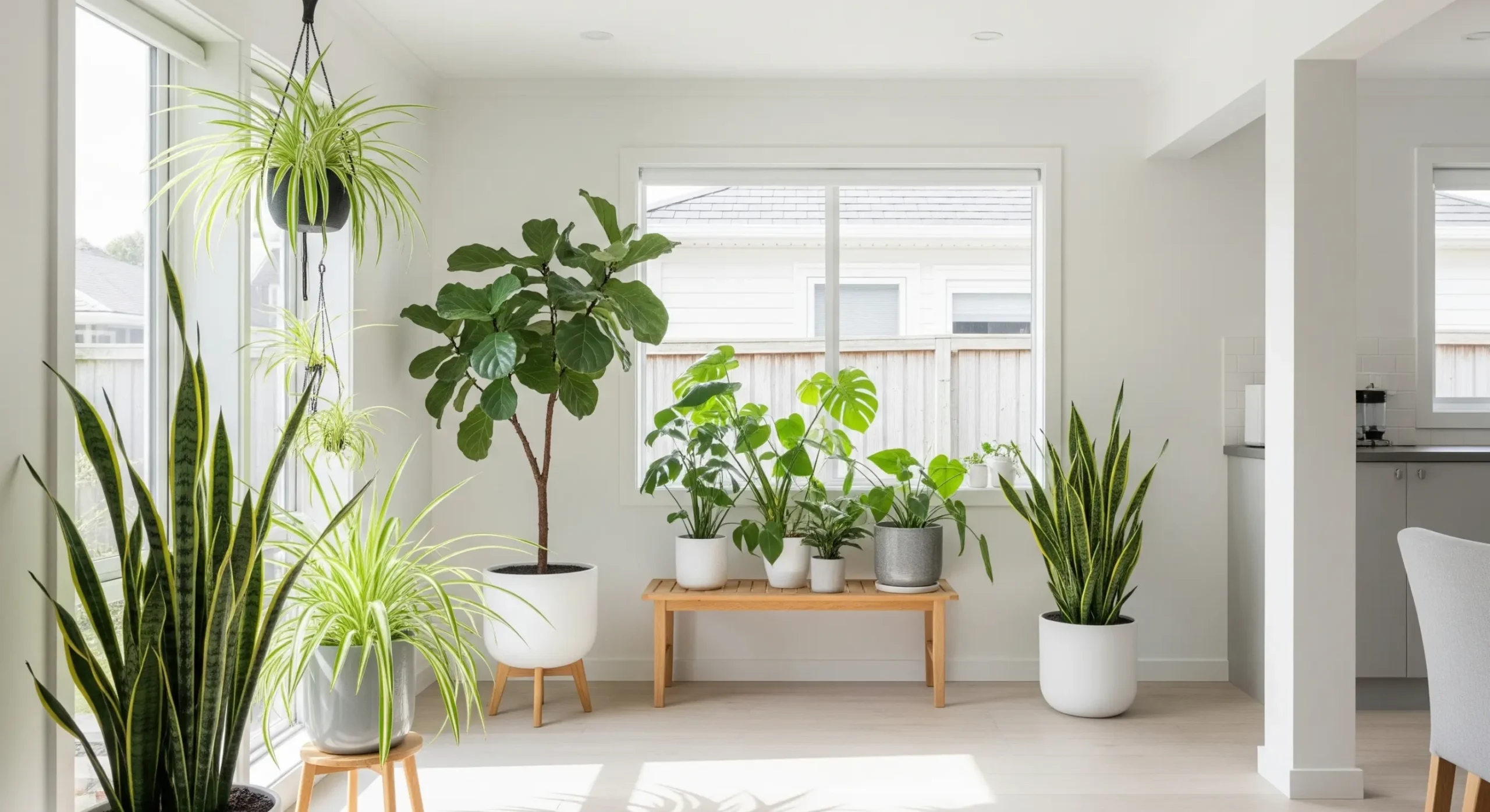 A bright and clean living space filled with various **air purifying plants**, symbolizing a healthy home environment for residents in Australia and Canada.