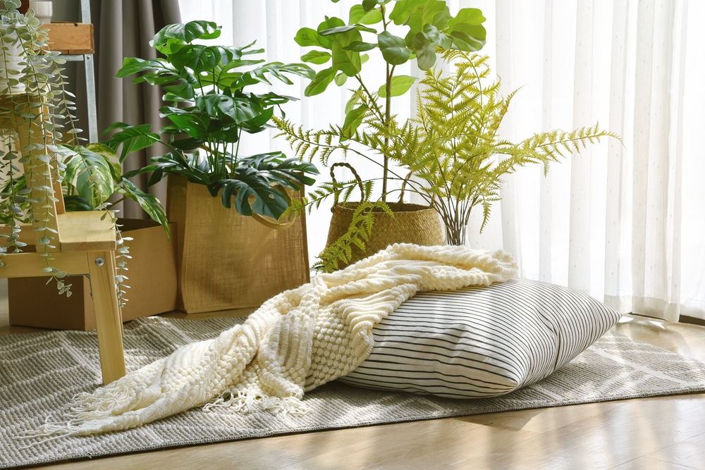 A cozy, minimalist apartment living room with various **plants for small apartments** arranged creatively to maximize green space and comfort.