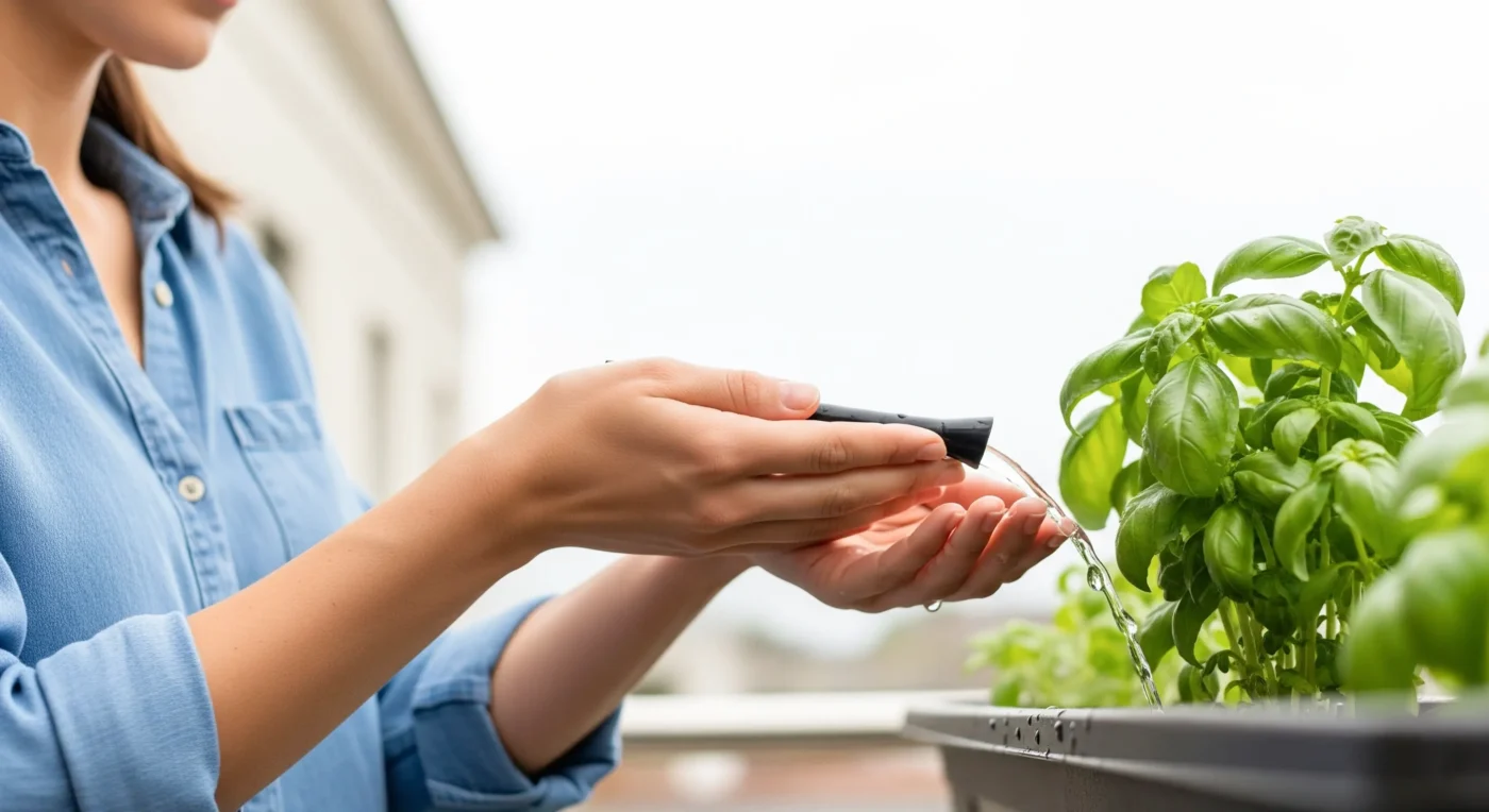 Hands watering a plant in a railing planter on a balcony, illustrating practical **small balcony garden** care tips for urban spaces.