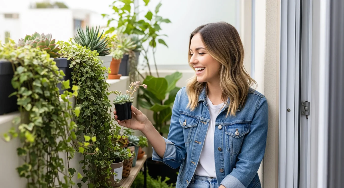 A variety of **small balcony garden** plants, including succulents, herbs, and trailing ivy, arranged creatively on shelves and in hanging planters.