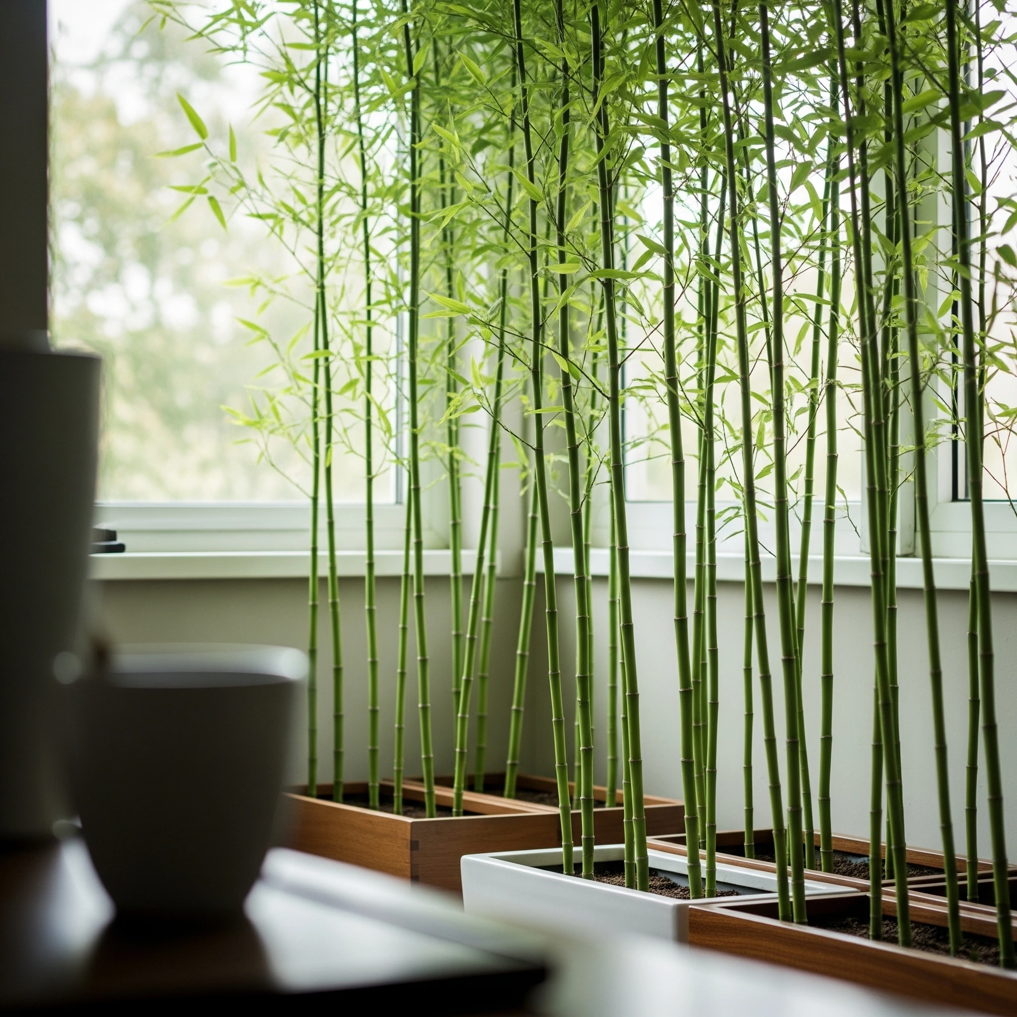 Tall, graceful Bamboo stalks, a calming **meditation garden plant** that provides soothing sounds and natural privacy.
