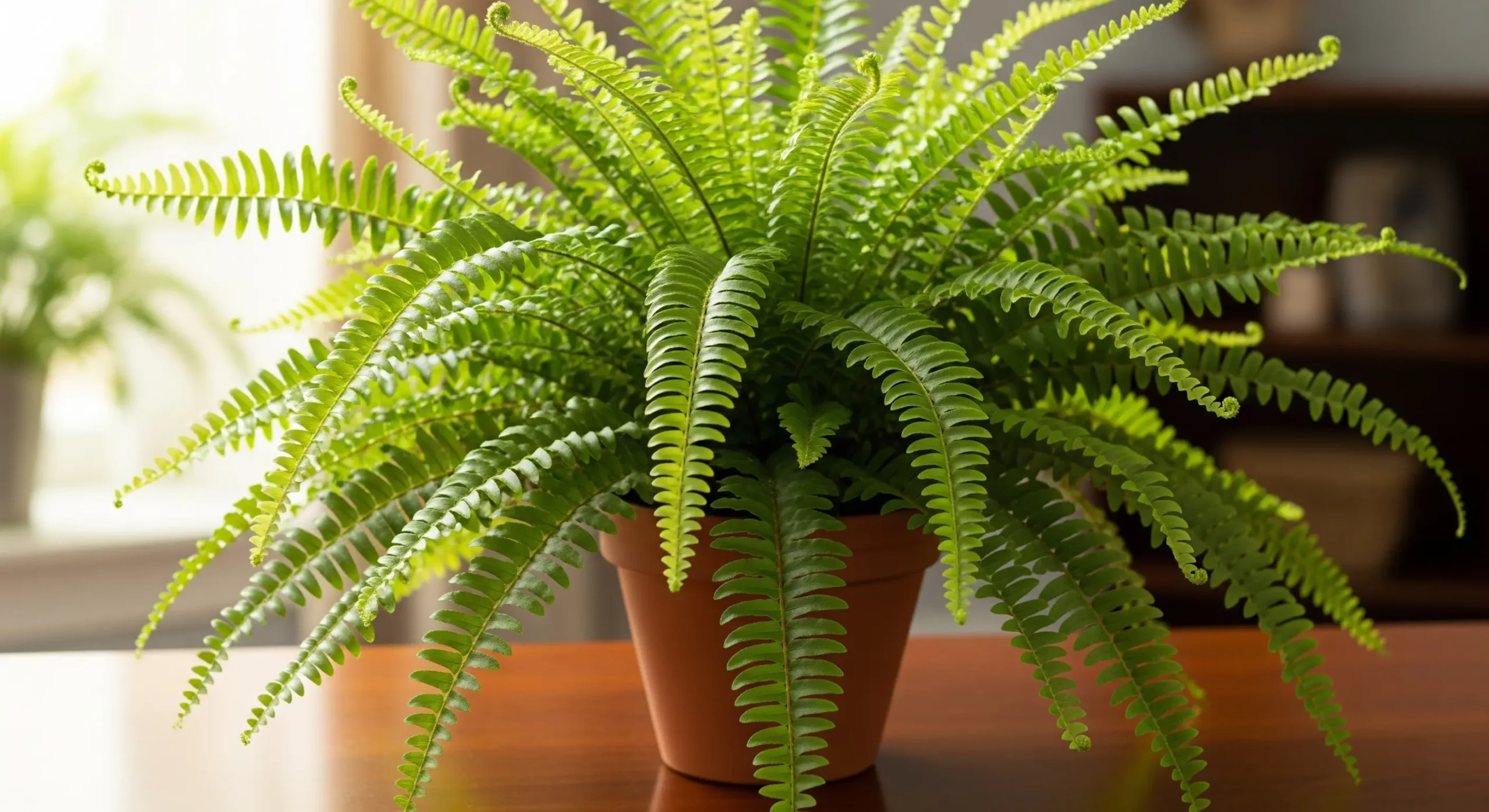 A lush Boston Fern with feathery green fronds, a cleansing **Feng Shui plant** that purifies air and stagnant energy.