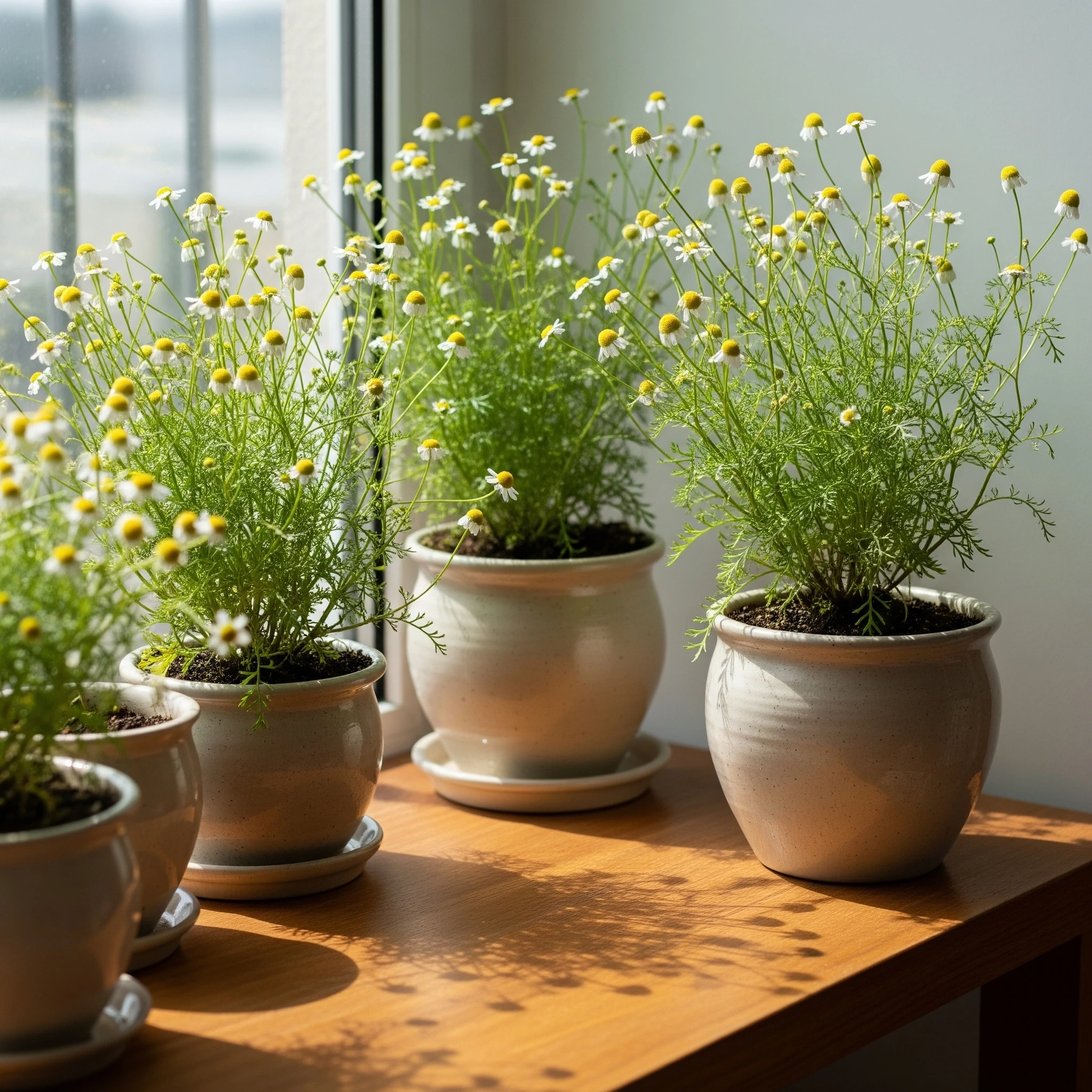 A charming Chamomile plant with small white flowers, a gentle **meditation garden plant** known for promoting relaxation and calm.
