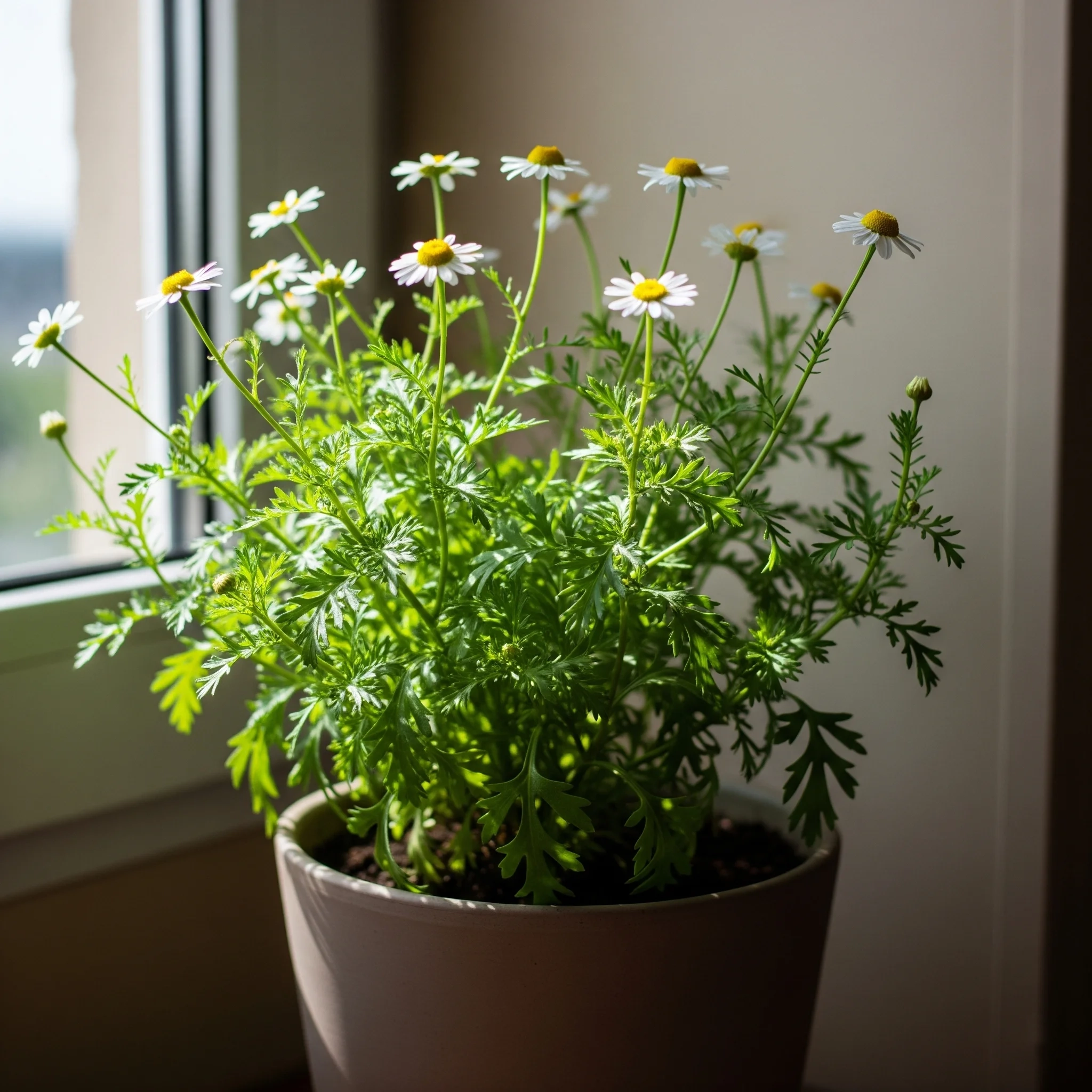 A charming Chamomile plant with small white flowers, a gentle **plant for mental health** known for relaxation and sleep aid.