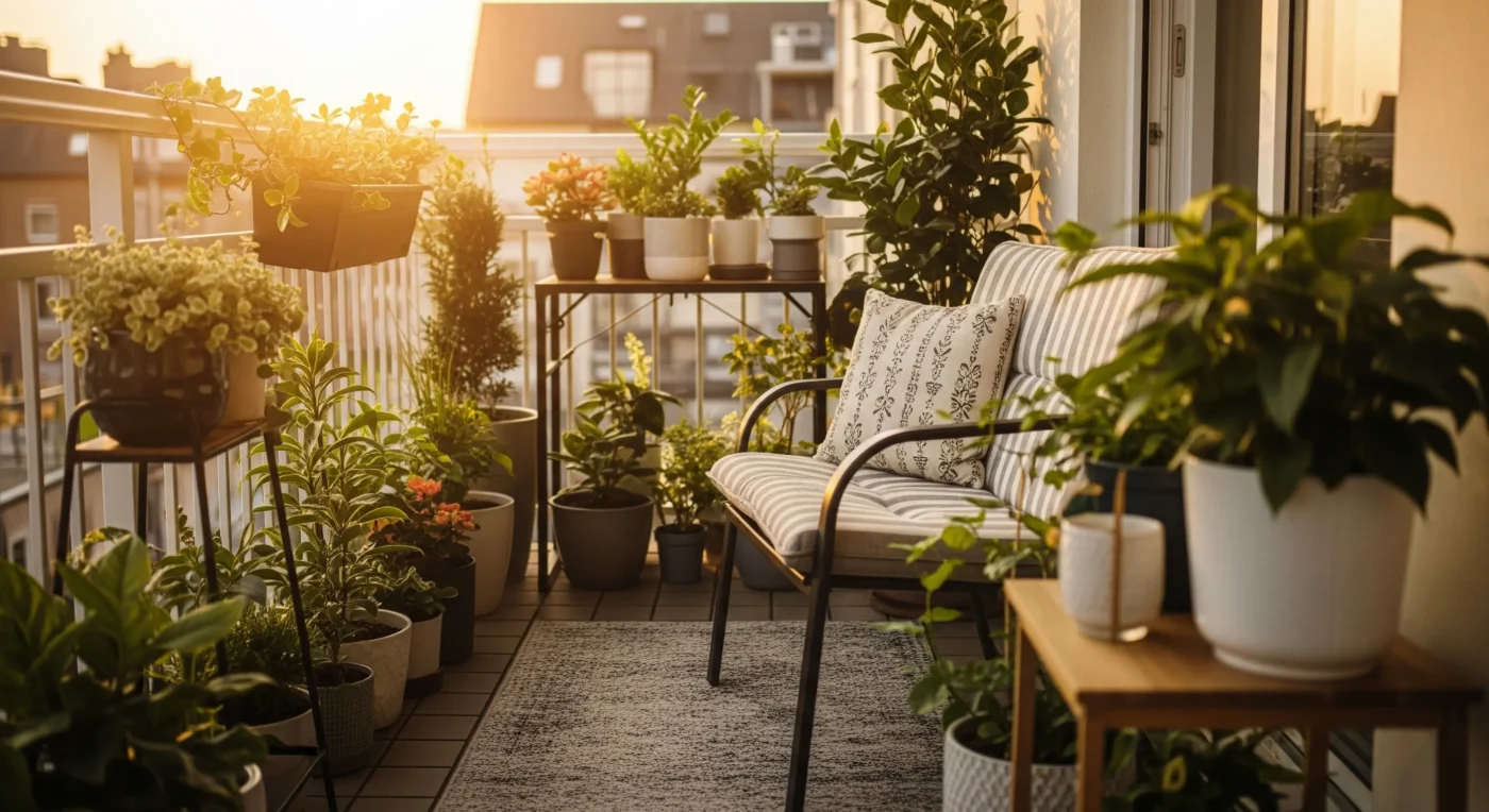 A charming small patio decorated with various potted plants, illustrating effective **easy container gardening** design in a compact outdoor setting.
