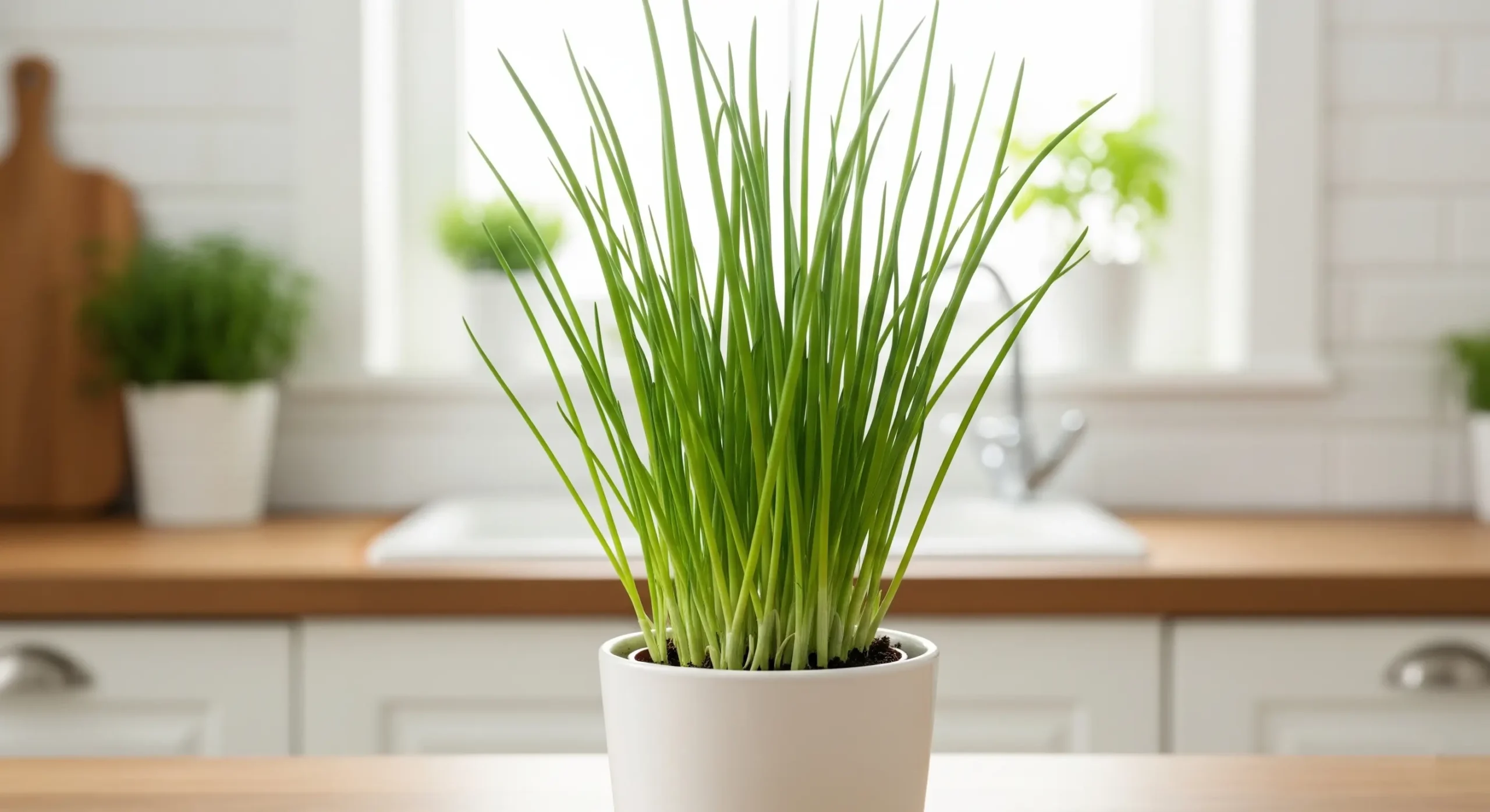 Fresh Chives growing in a small pot, an **easy-to-grow indoor herb** perfect for garnishing and mild onion flavor.