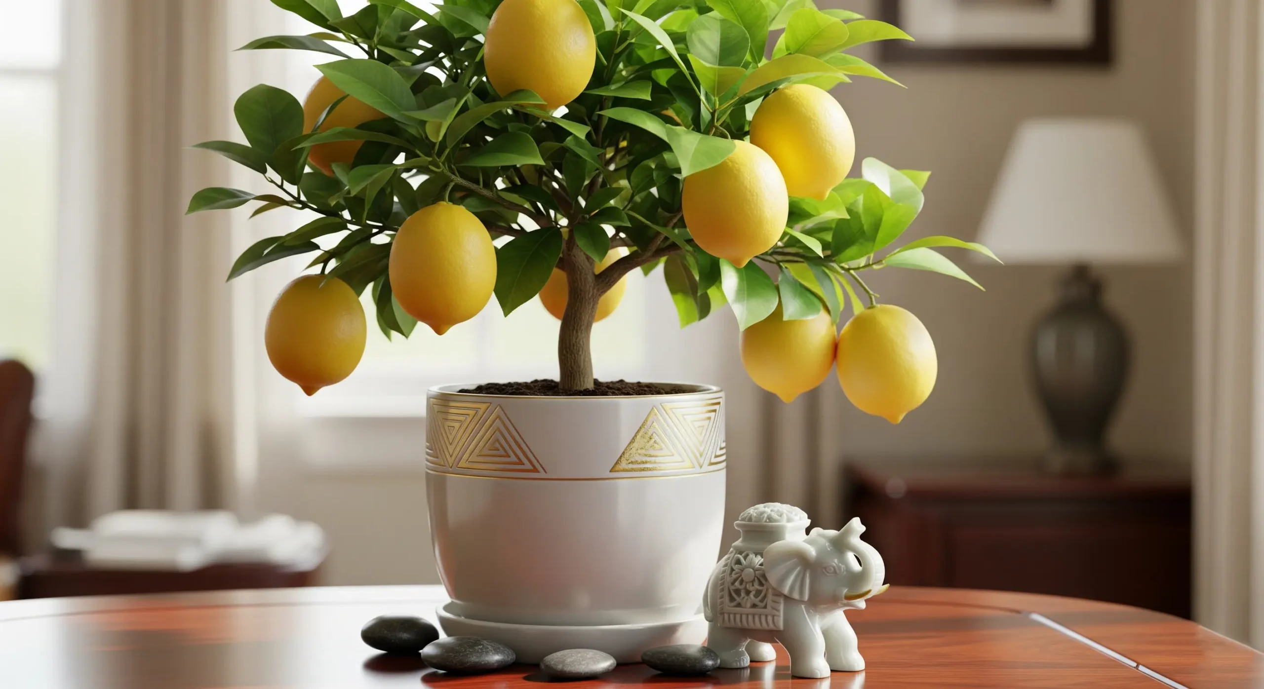A small, potted Lemon Tree with bright yellow fruit, a purifying **Feng Shui plant** believed to bring wealth and abundance.