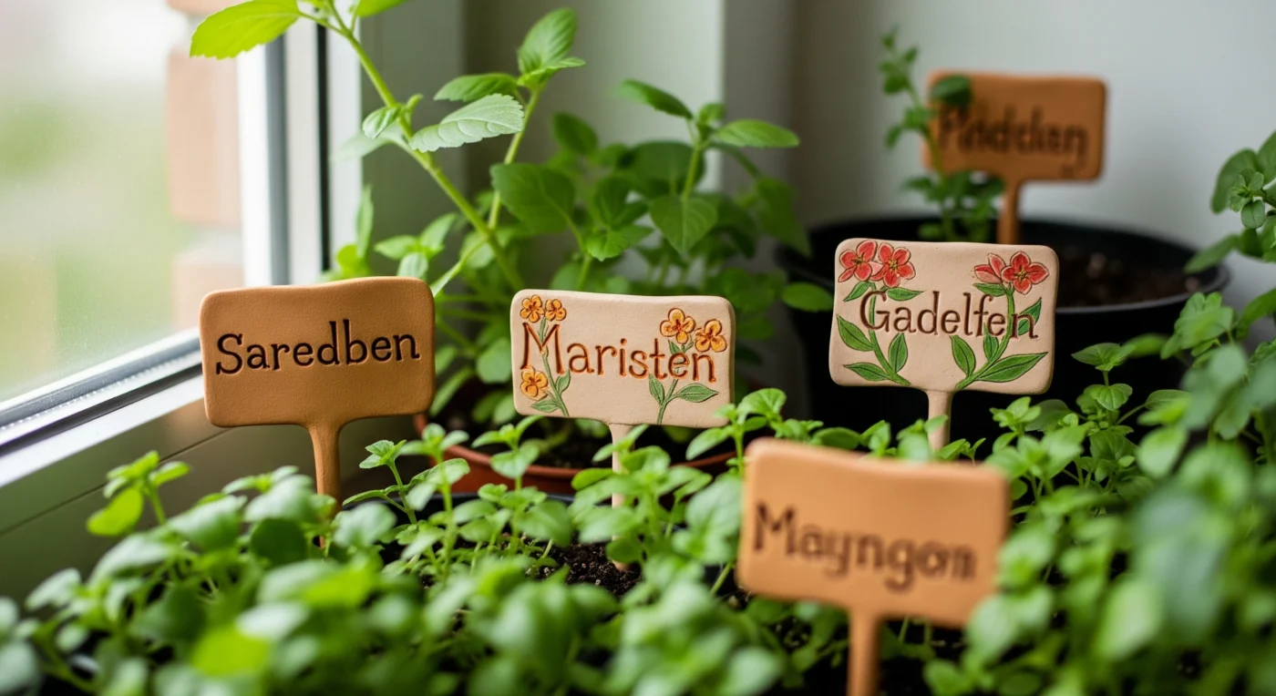 Hand-sculpted clay **DIY garden markers** with engraved plant names, offering an artistic and custom labeling solution.
