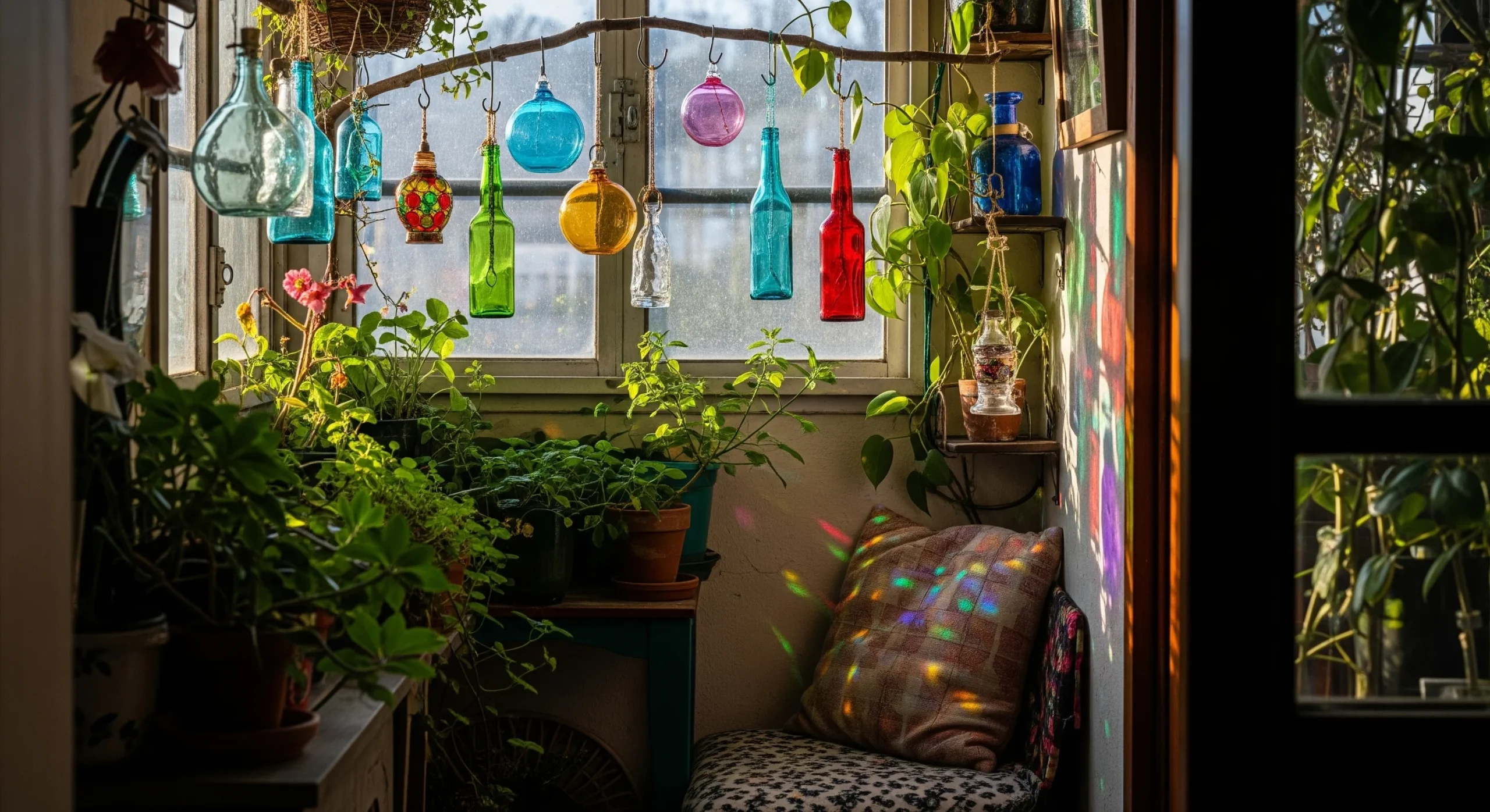 Vibrant **whimsical garden decor** using colourful glass bottles and ornaments hanging from branches, catching sunlight.