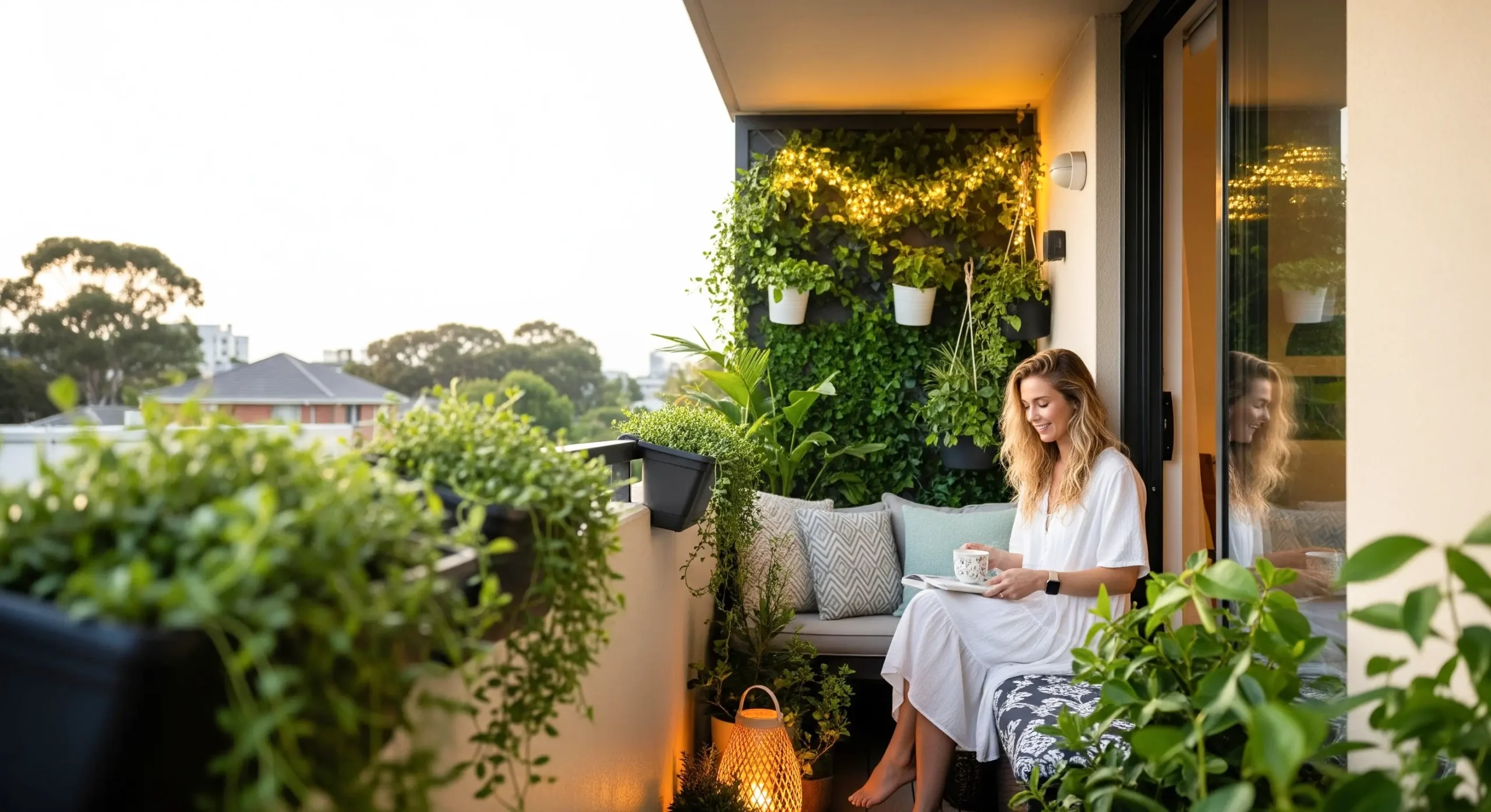 A cozy corner of a **small balcony garden** featuring a compact bistro set surrounded by lush potted plants, creating a tranquil urban oasis for relaxation.