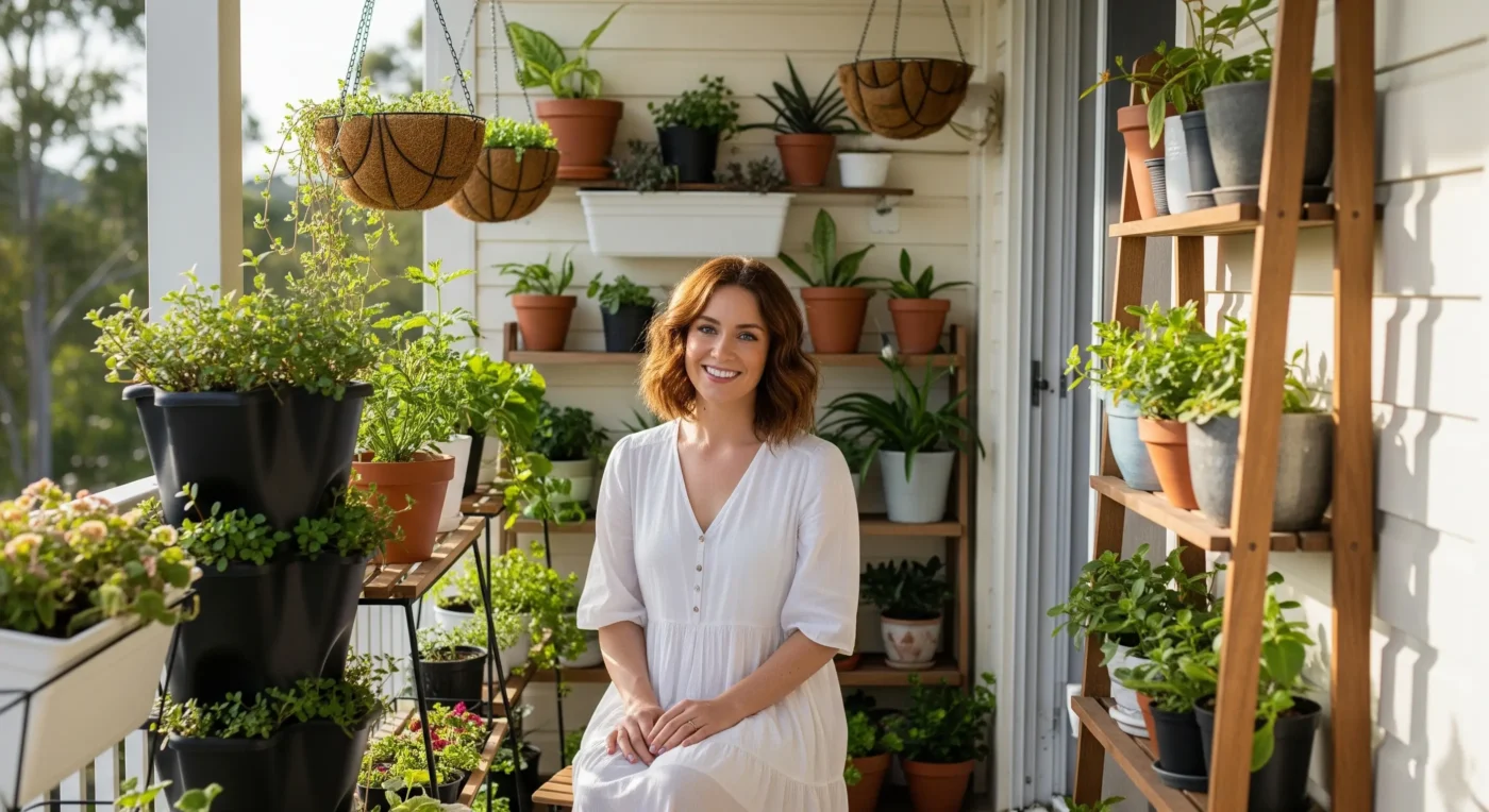 A vibrant display of plants in various containers and arrangements, showcasing creative **easy container gardening ideas** for small balconies and patios.