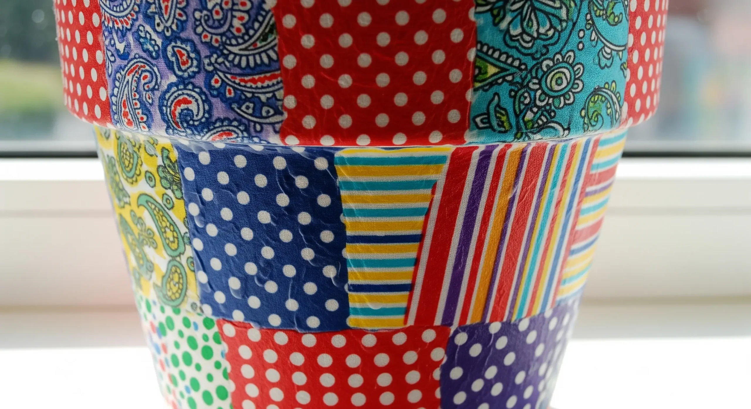 A plant pot uniquely decorated with colourful patterned fabric using decoupage, a creative **DIY plant pot decoration** project.