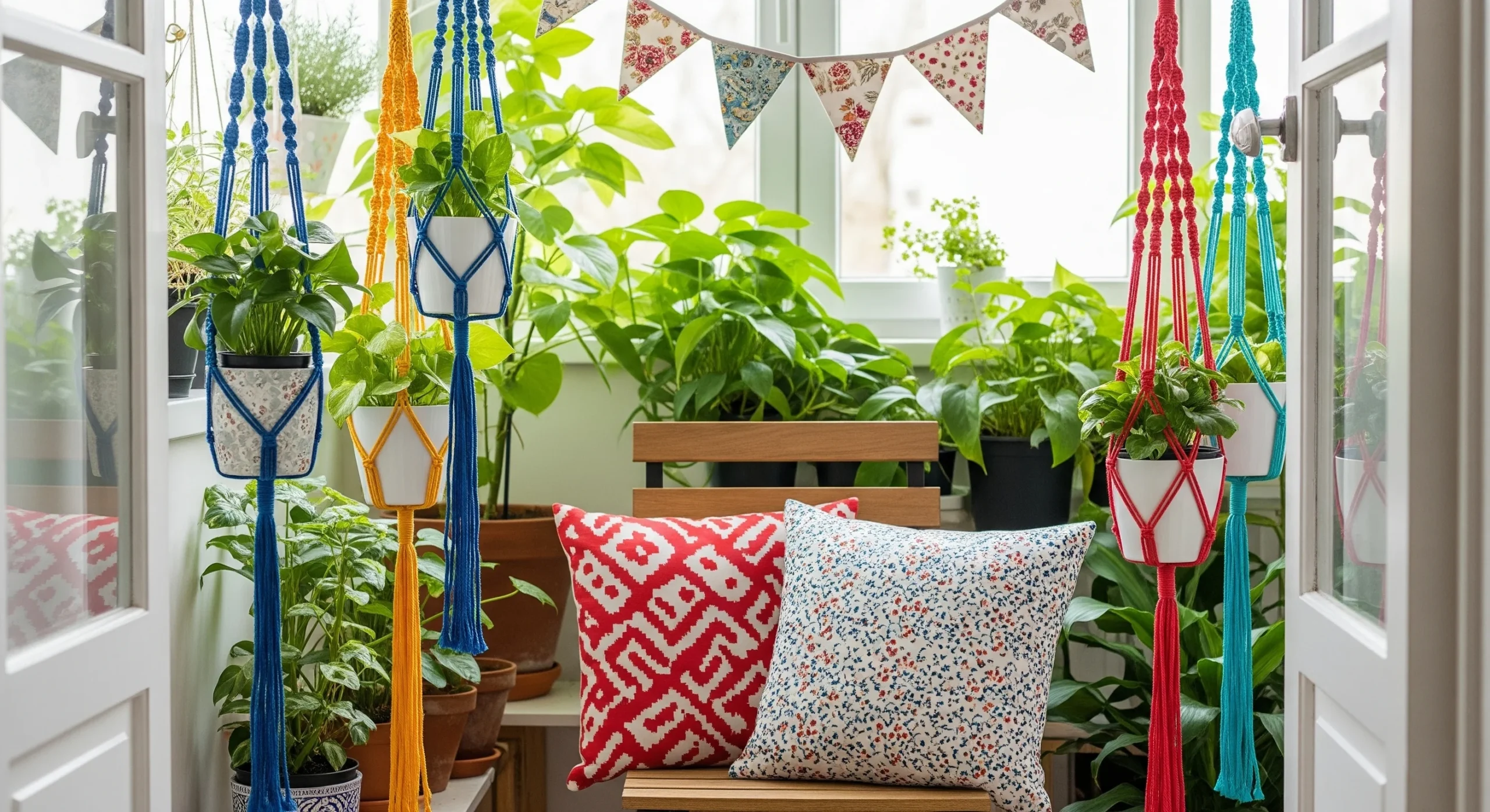 Colourful fabric scraps and ribbons woven through garden plants, creating playful **whimsical garden decor** accents.