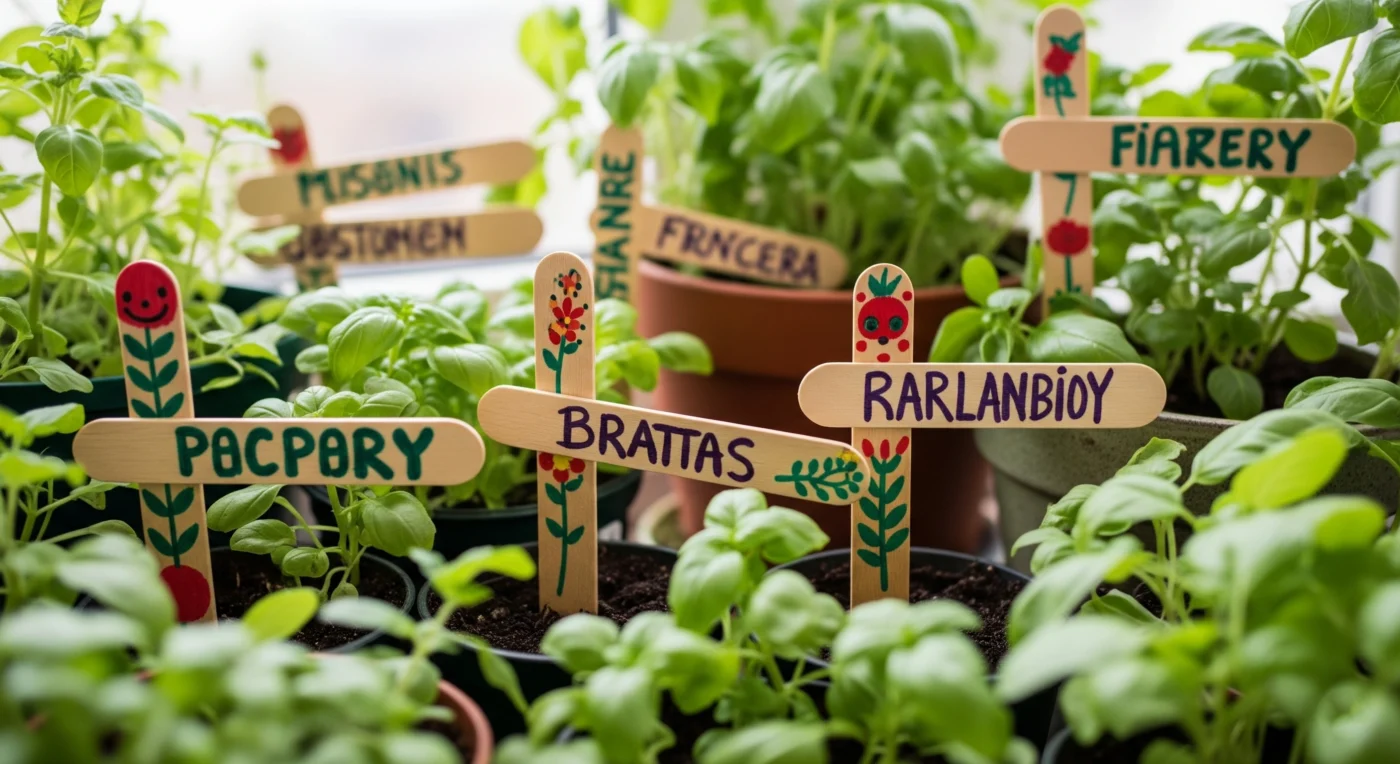Creative **DIY herb garden markers** made from painted leaves and bottle caps, adding unique charm to herb pots.