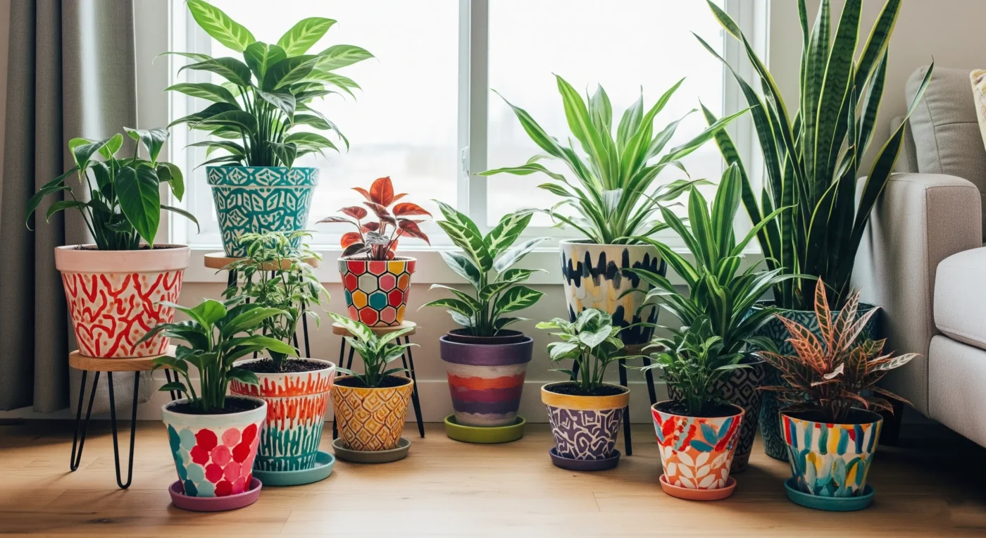 A vibrant collection of creatively decorated plant pots showcasing diverse **DIY plant pot decoration** techniques, perfect for a personalized green space.