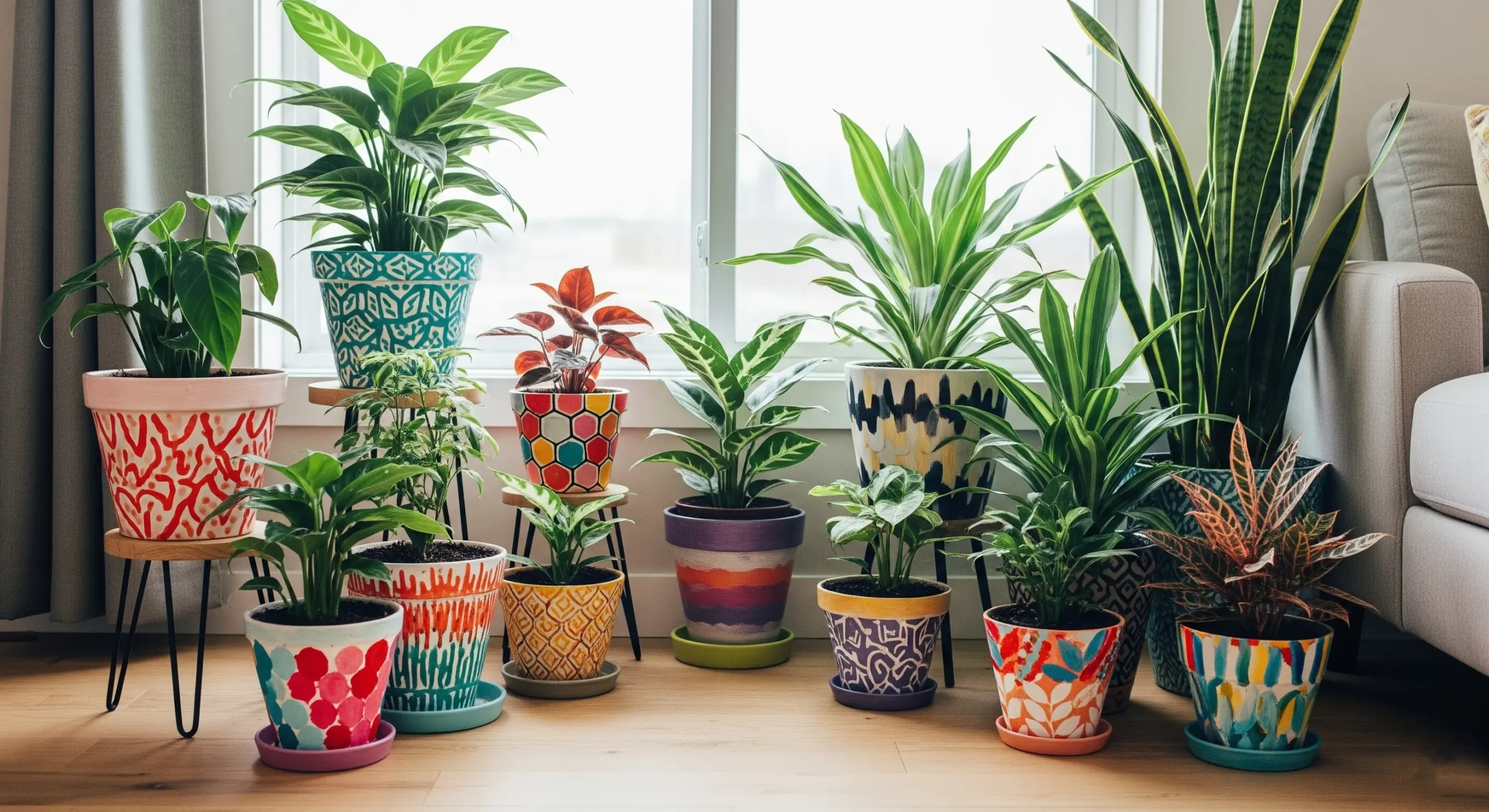 A vibrant collection of creatively decorated plant pots showcasing diverse **DIY plant pot decoration** techniques, perfect for a personalized green space.