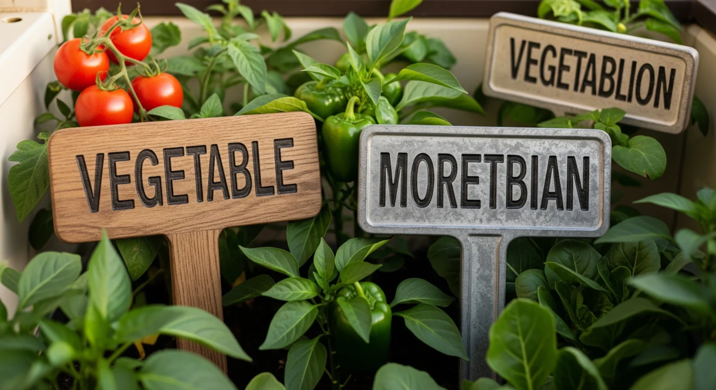Large wooden **DIY vegetable garden markers** with stenciled plant names, perfect for organizing a home vegetable patch.