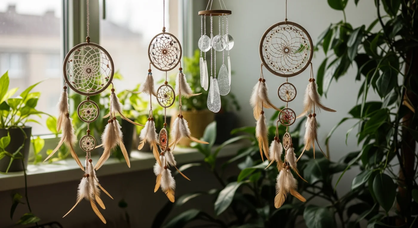 A colorful dream catcher hanging among plants, adding a mystical and **whimsical garden decor** touch.