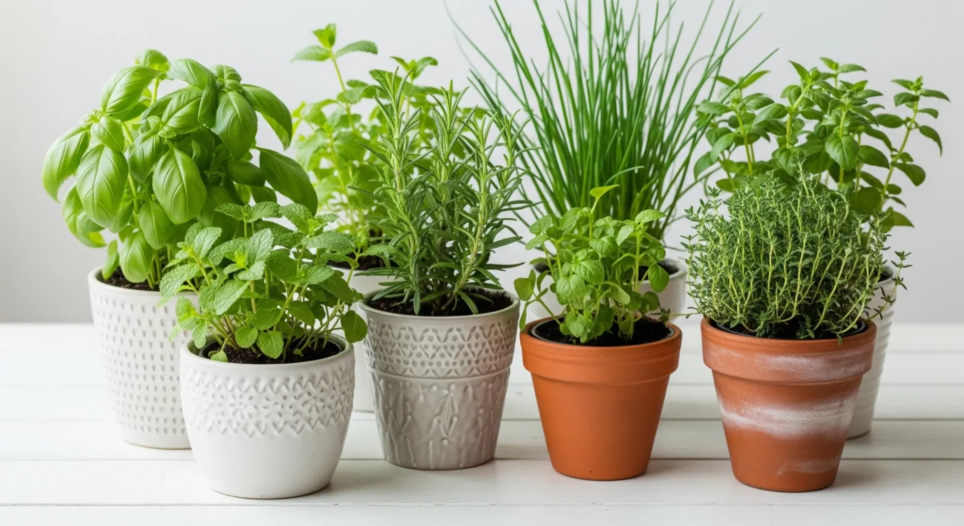 A vibrant collection of easy-to-grow herbs, including basil, mint, and rosemary, thriving on a windowsill, perfect for **growing herbs indoors** for beginners.