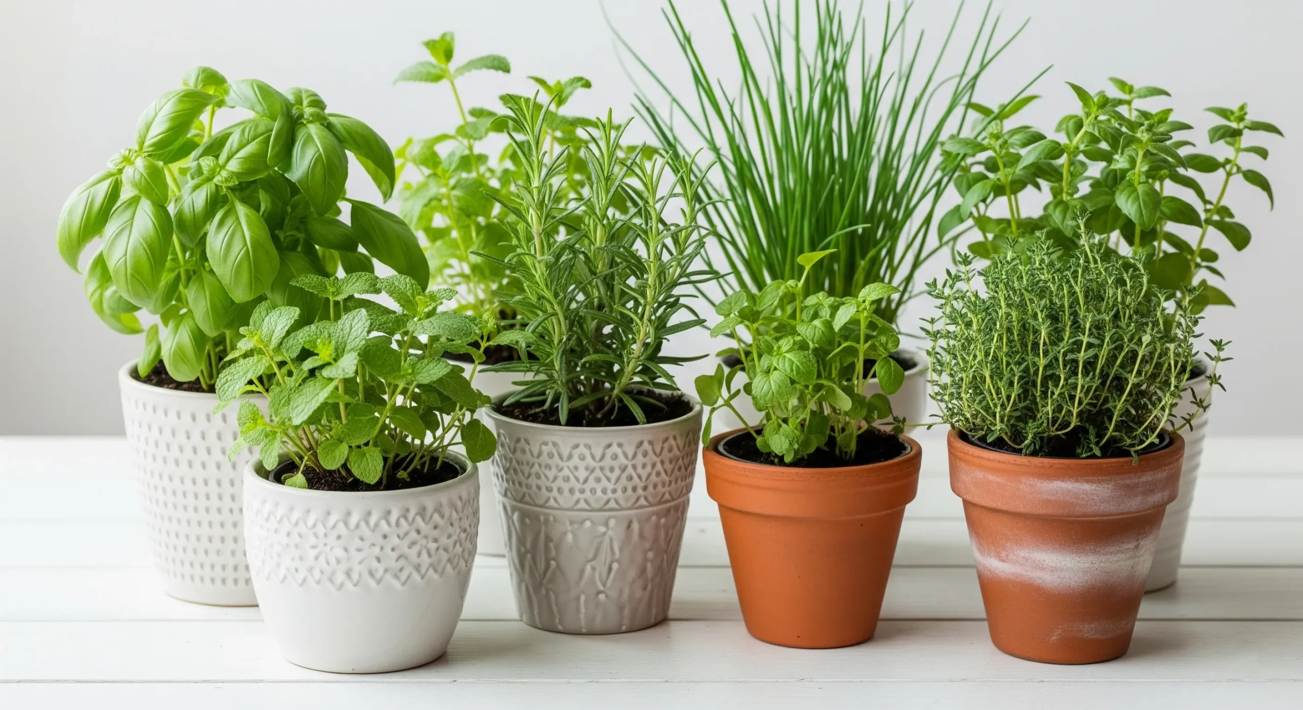 A vibrant collection of easy-to-grow herbs, including basil, mint, and rosemary, thriving on a windowsill, perfect for **growing herbs indoors** for beginners.