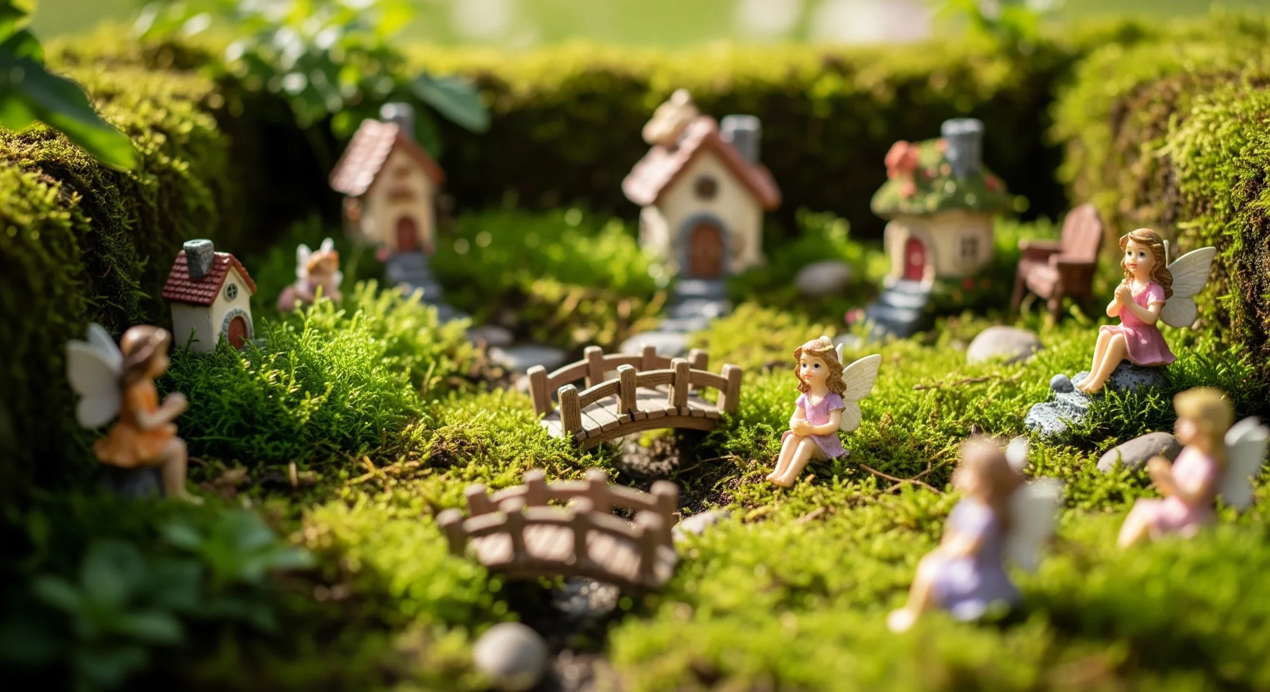 A charming miniature fairy garden with tiny houses, furniture, and plants, creating a magical **whimsical garden decor** scene.