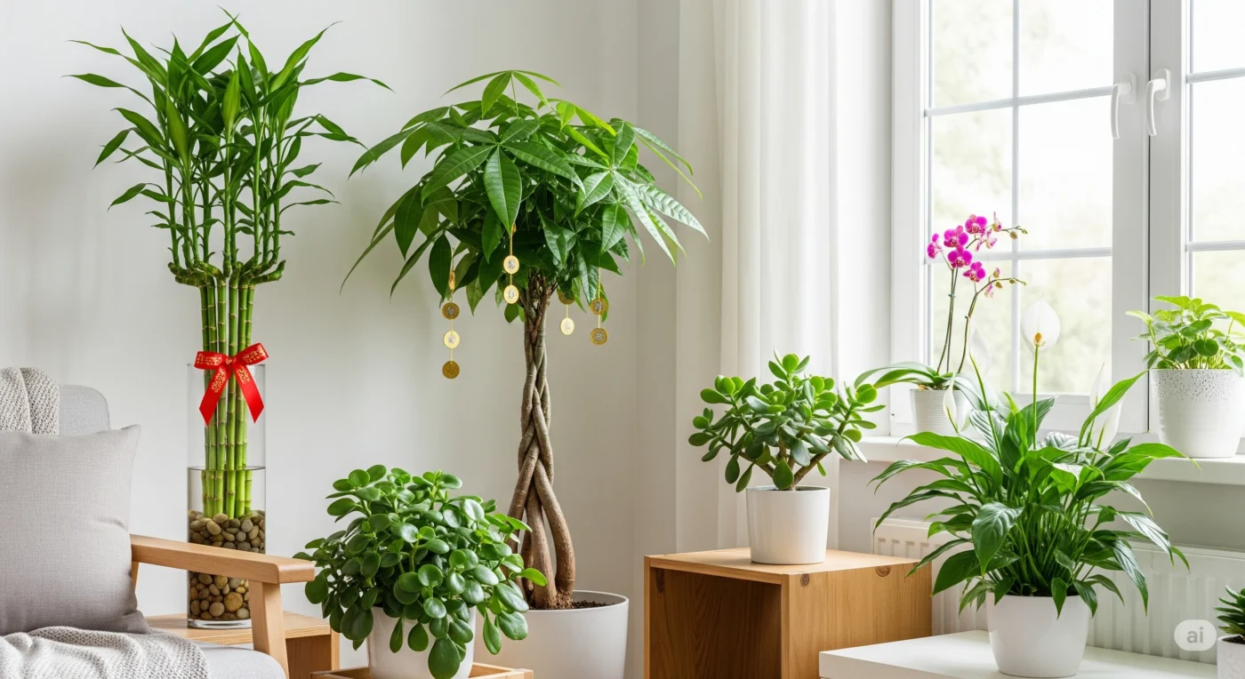 A harmonious living space with diverse **Feng Shui plants**, symbolizing a complete guide to attracting luck and prosperity.