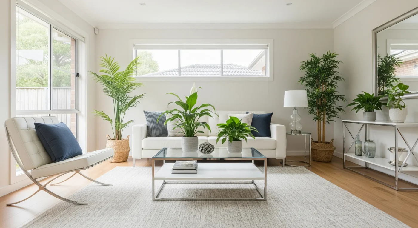 A harmonious living space adorned with various **feng shui plants** arranged to attract luck, prosperity, and positive energy to the home.