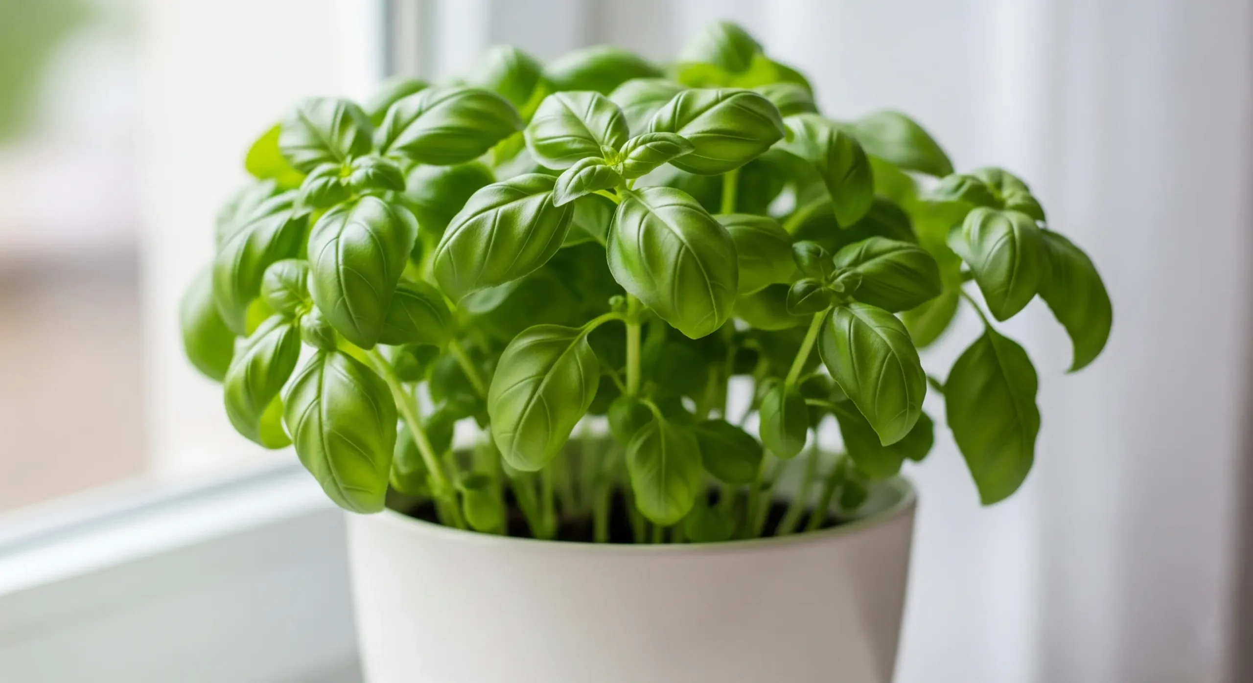 A lush Basil plant in a pot, demonstrating the vibrant freshness of **growing herbs indoors** for culinary use.