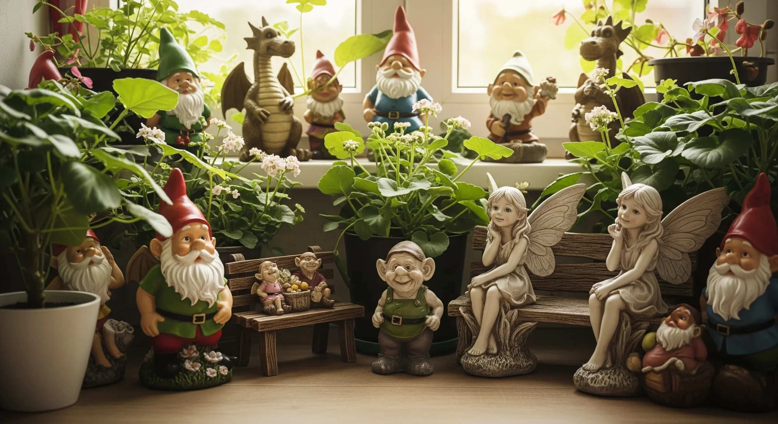 A cheerful garden gnome peeking from behind lush plants, adding a classic **whimsical garden decor** touch to the landscape.