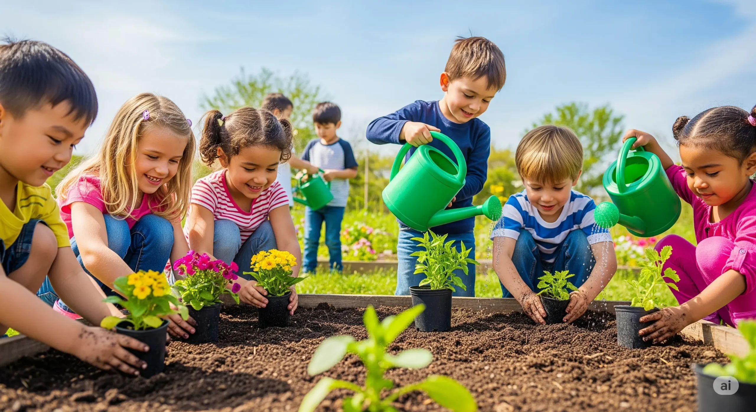 Diverse children joyfully **gardening with kids**, planting flowers and vegetables in a sunny garden, highlighting the benefits of outdoor learning and connection with nature.