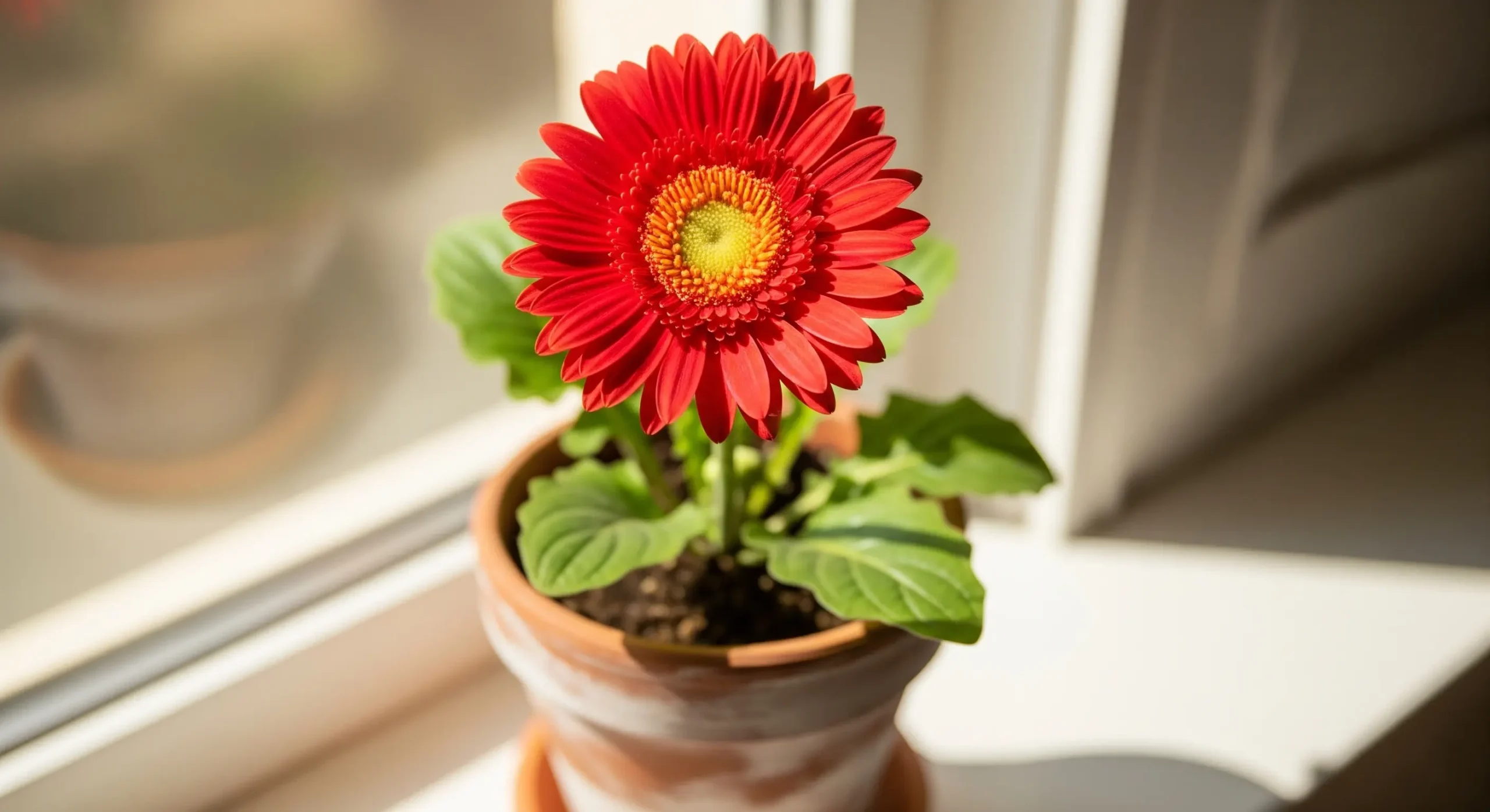 A vibrant Gerbera Daisy with cheerful red petals, a unique flowering **air purifying plant** for sunny spots in your home.