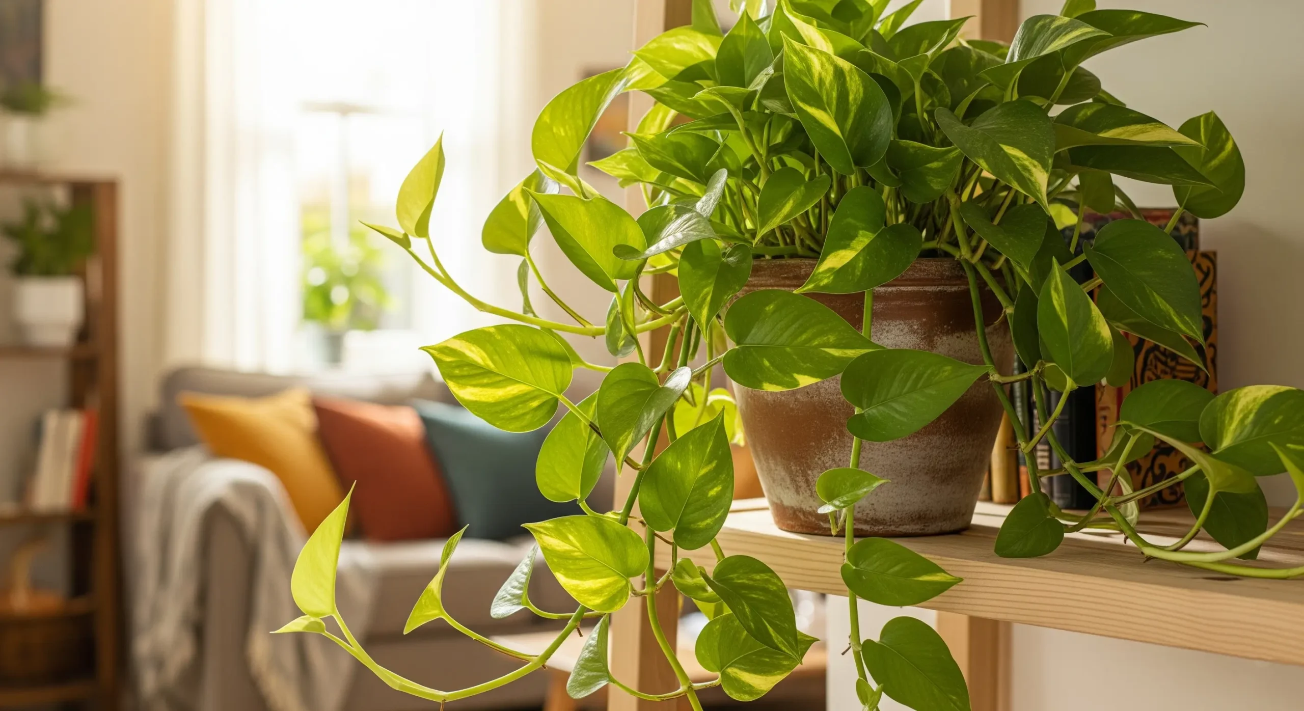 A Golden Pothos plant with long, trailing vines, a versatile **Feng Shui plant** believed to purify negative energy and attract abundance.