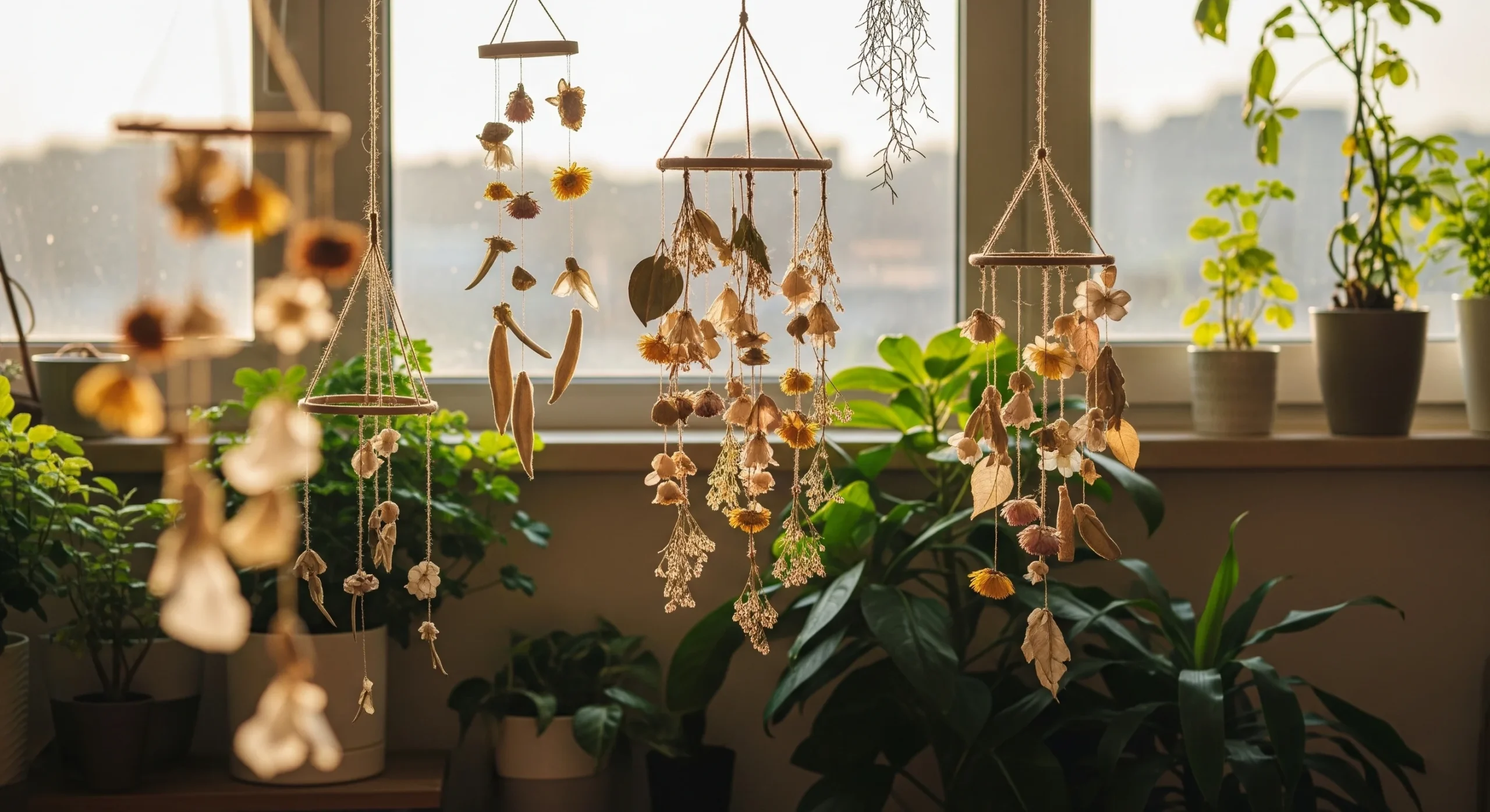 Colorful hanging mobile made from natural elements, adding playful **whimsical garden decor** and movement.