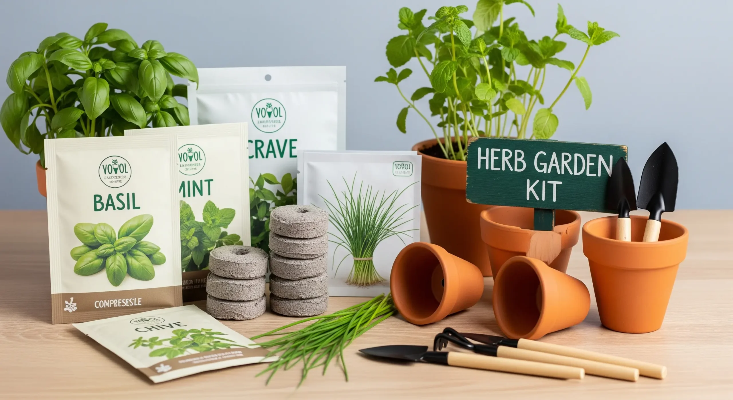A charming mini indoor herb garden kit with seeds, small pots, and gardening tools, a thoughtful and functional **plant gift** for foodies and wellness enthusiasts.