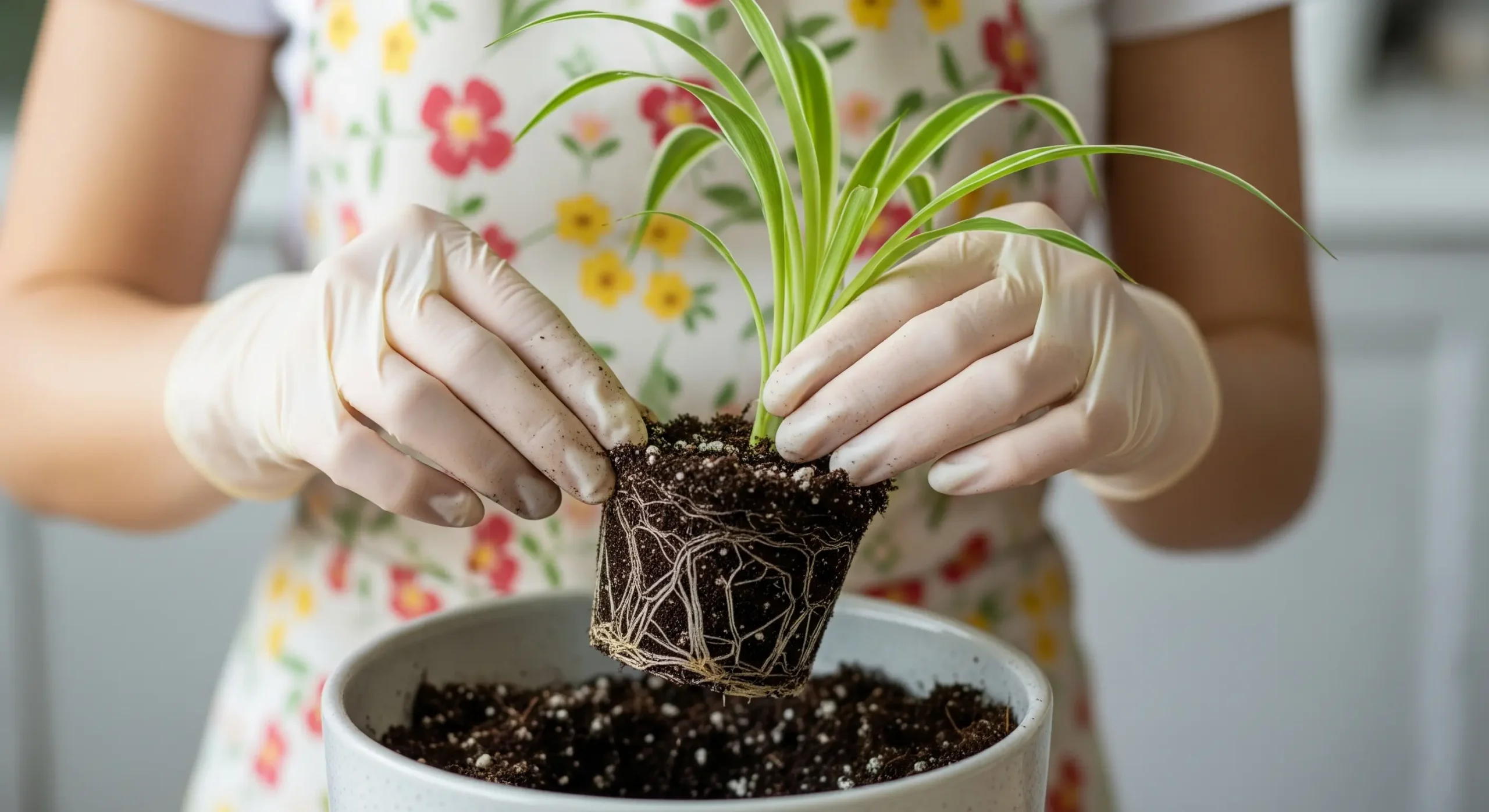 A person carefully repotting an indoor plant into a larger pot with fresh potting mix, illustrating proper **houseplant care for beginners** for healthy root growth.