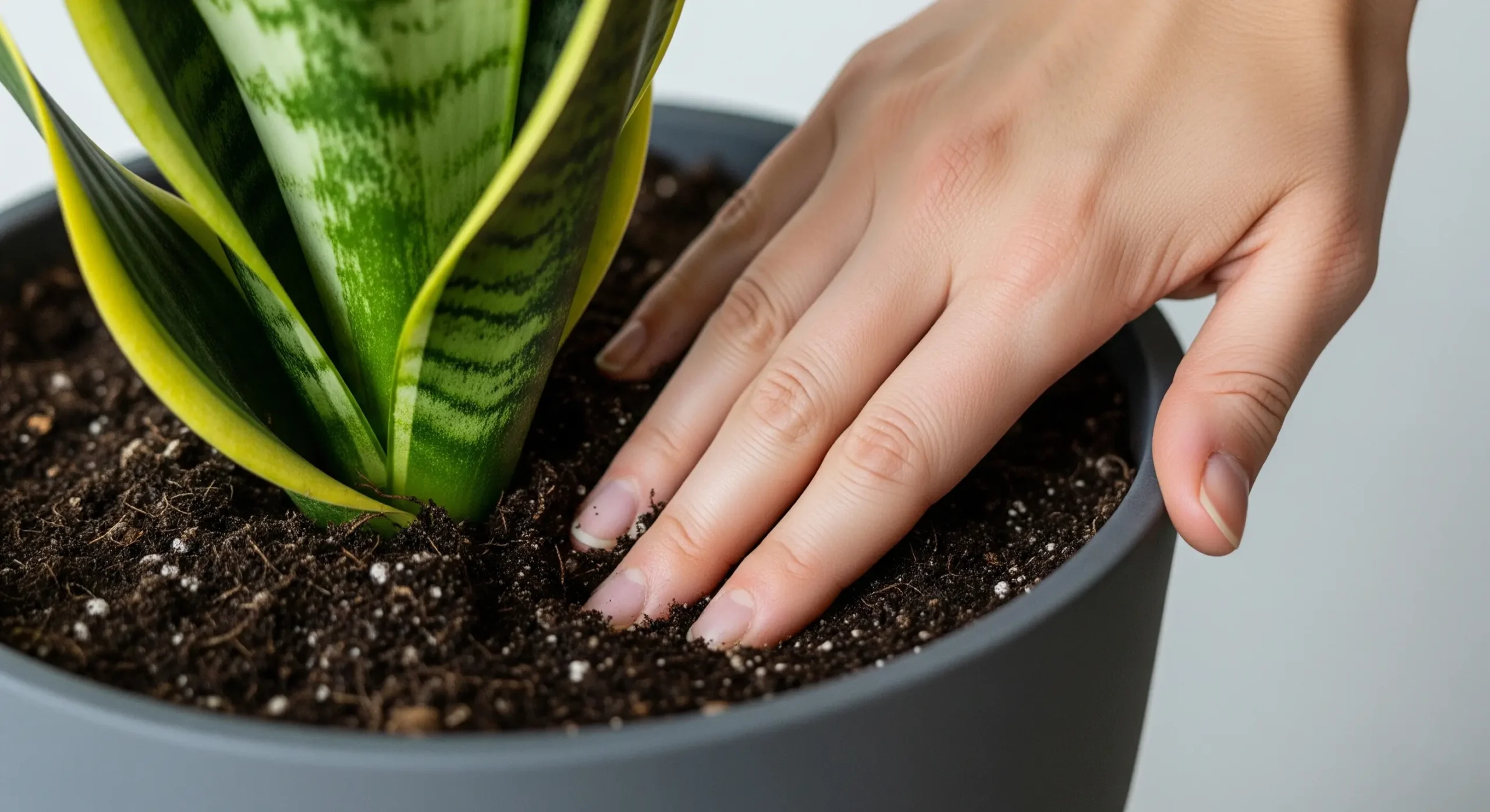 A hand checking the soil moisture of an indoor plant with a finger, a crucial step in proper **houseplant care for beginners** to avoid overwatering.