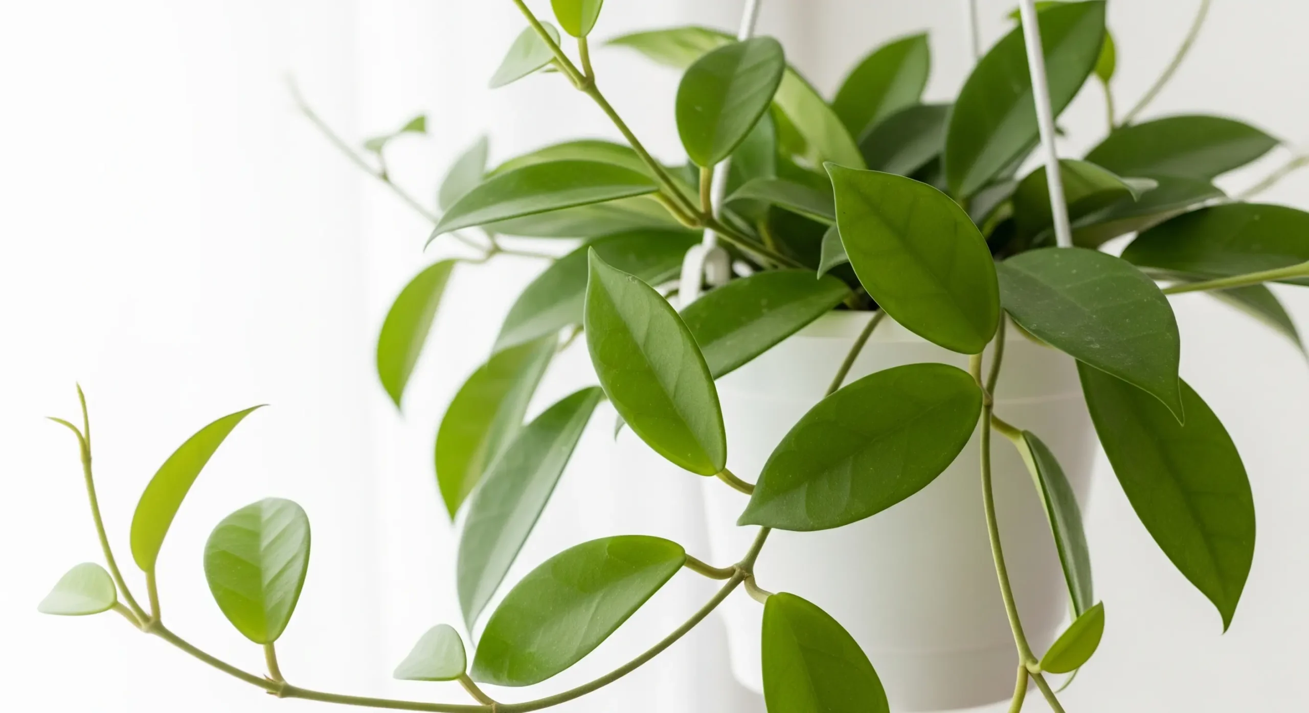 A trailing Hoya plant with glossy green leaves cascading from a hanging pot, an excellent **plant for small apartments** to utilize vertical space and add elegance.