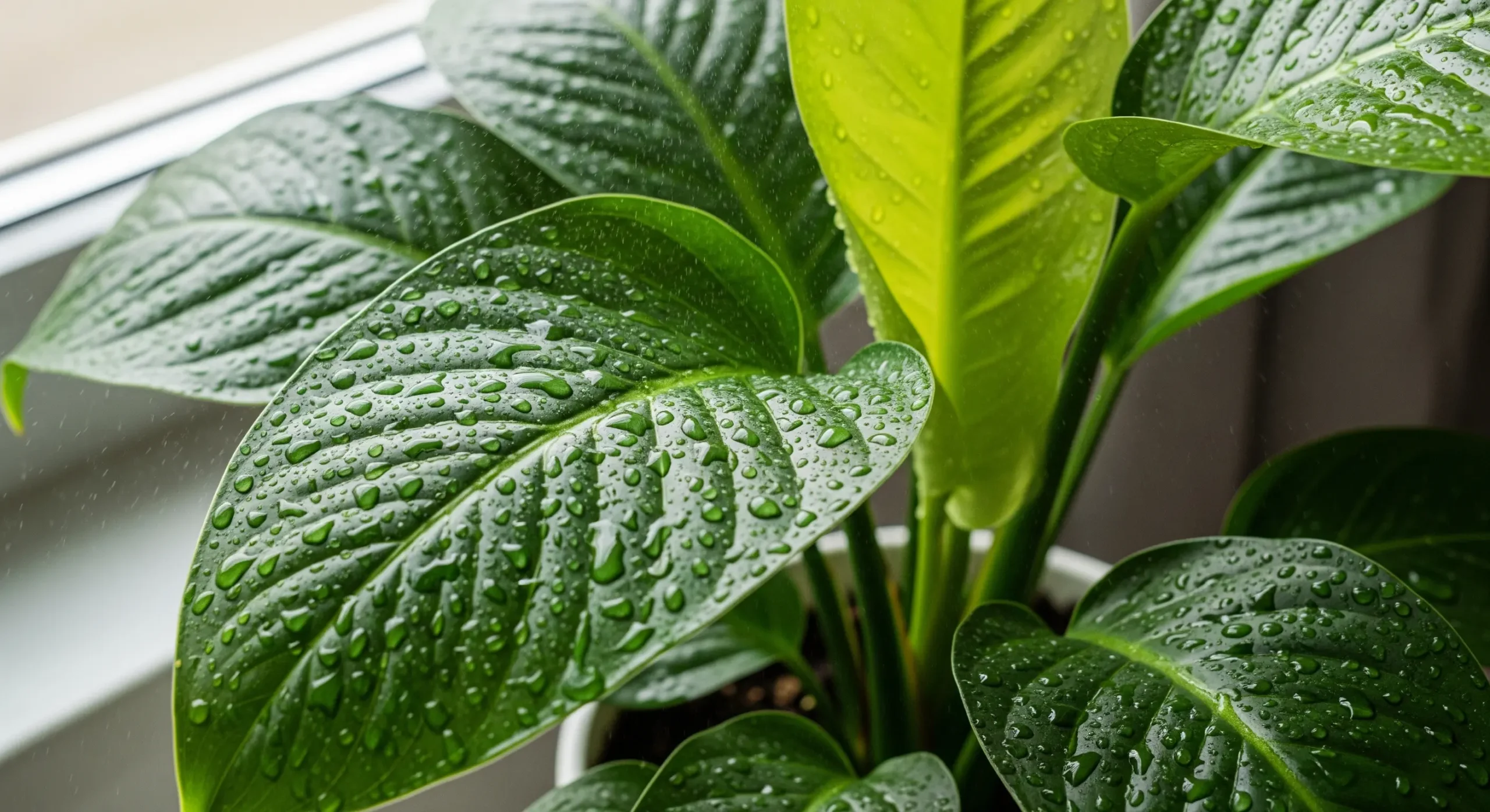 A hand misting the leaves of a tropical indoor plant, a technique to increase humidity for **houseplant care for beginners** in dry climates.