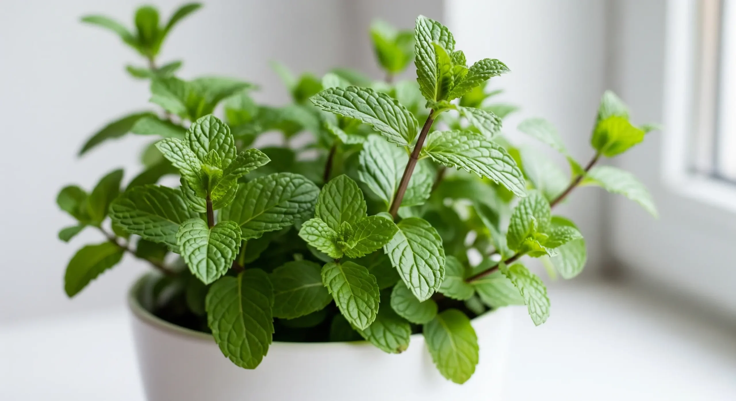 A vibrant Mint plant with bright green leaves in a pot, an aromatic and easy-to-grow **indoor herb** for teas and beverages.