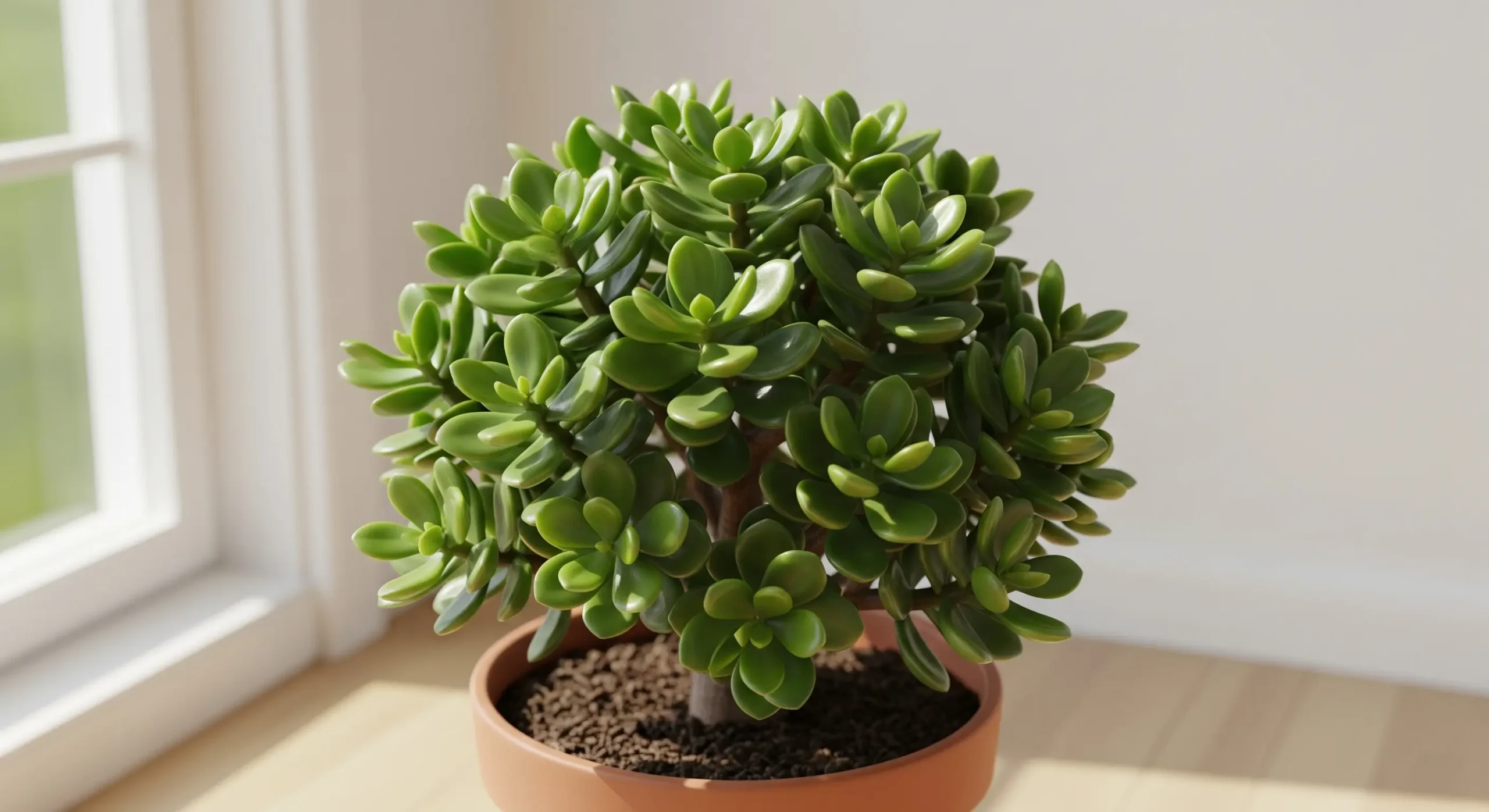 A thriving Jade Plant with thick, round, coin-like leaves, a revered **feng shui plant** symbolizing wealth, growth, and good luck.