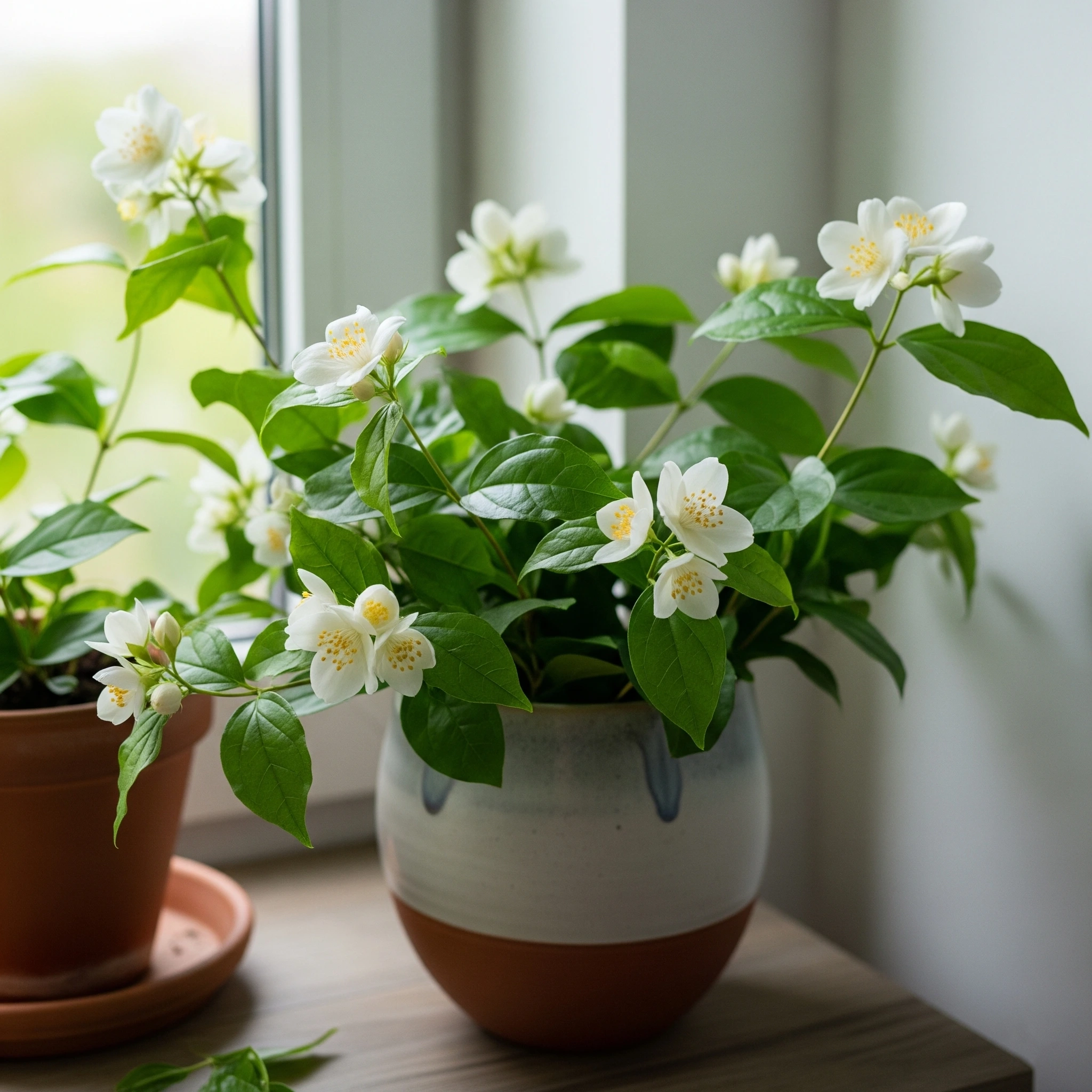 Fragrant white Jasmine flowers climbing on a trellis, a beautiful **meditation garden plant** for sensory calm.