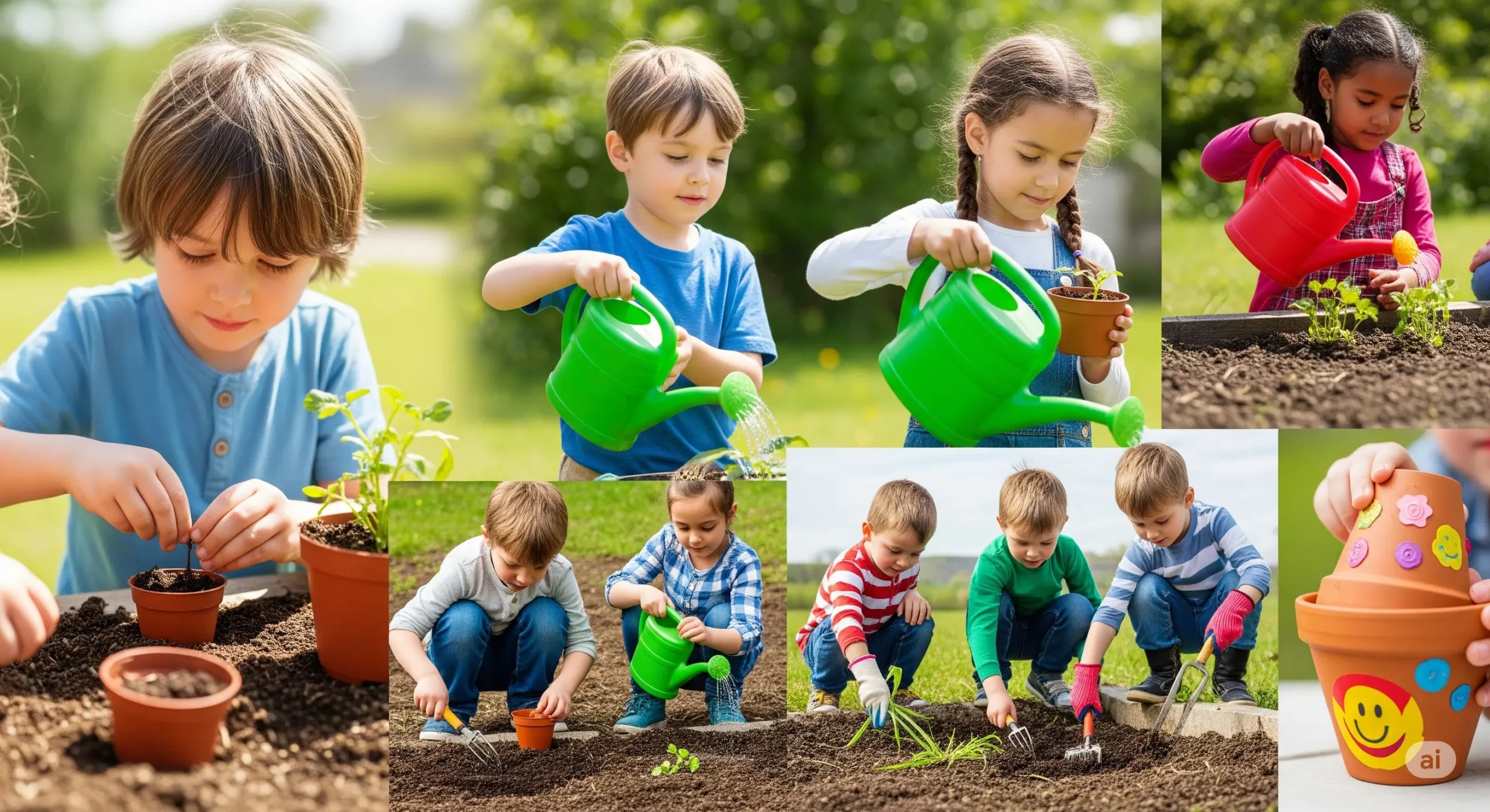A montage of fun and engaging **gardening with kids** activities, including planting seeds, watering plants, weeding, and decorating flower pots.