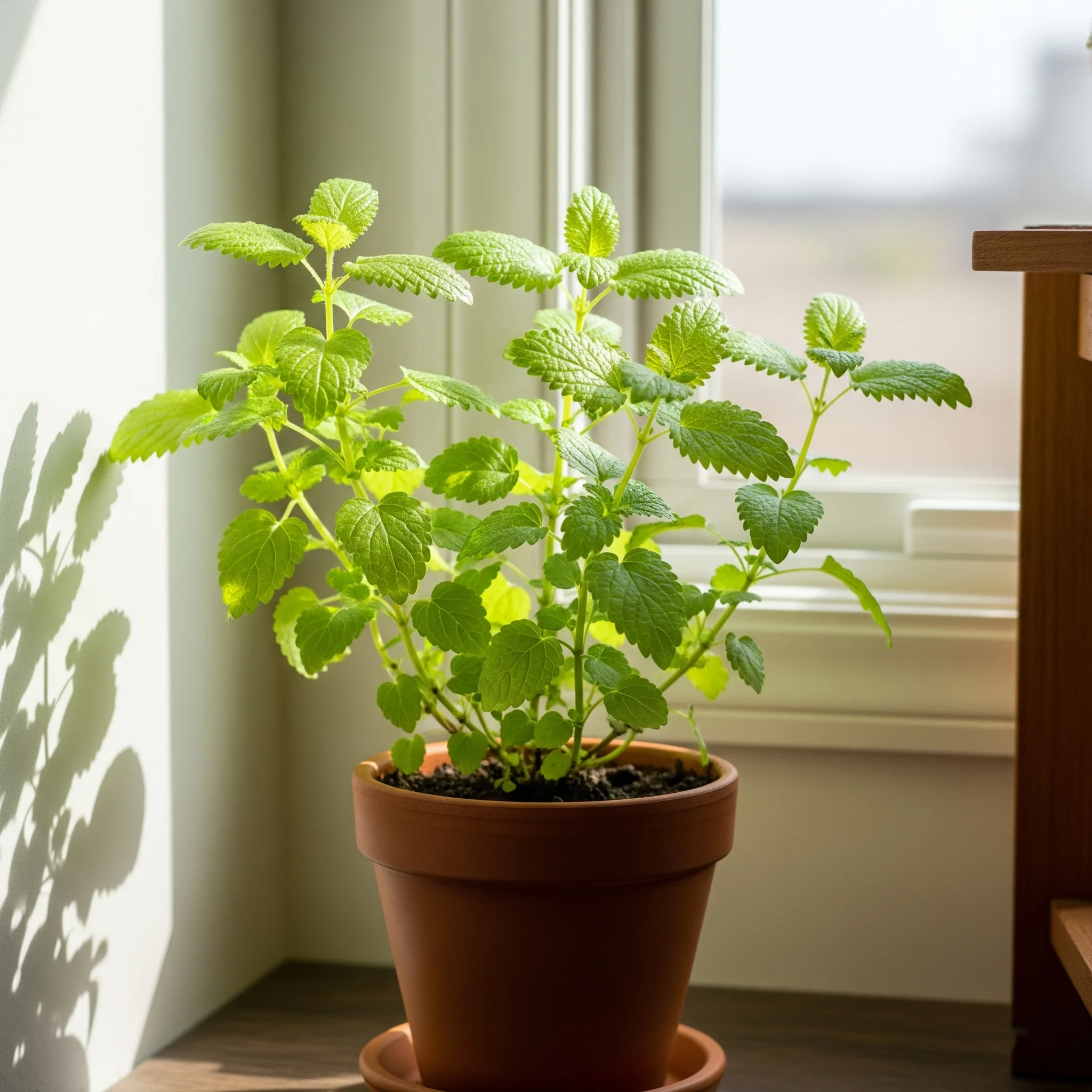 A lush Lemon Balm plant with vibrant green leaves, an uplifting **plant for mental health** known for reducing anxiety and stress.