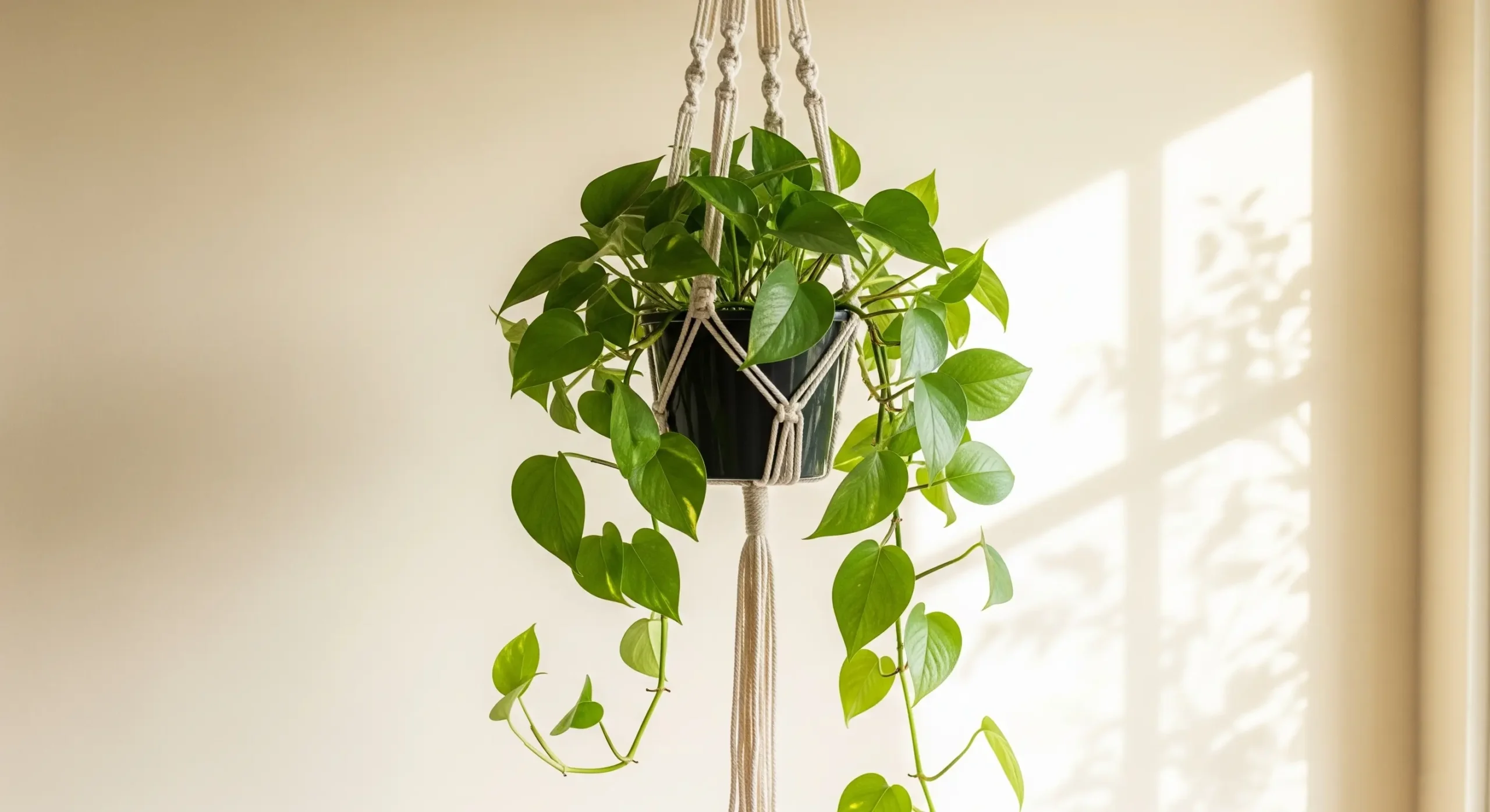 A lush trailing plant in a handmade white macrame plant hanger, an elegant **DIY plant pot decoration** that saves space.