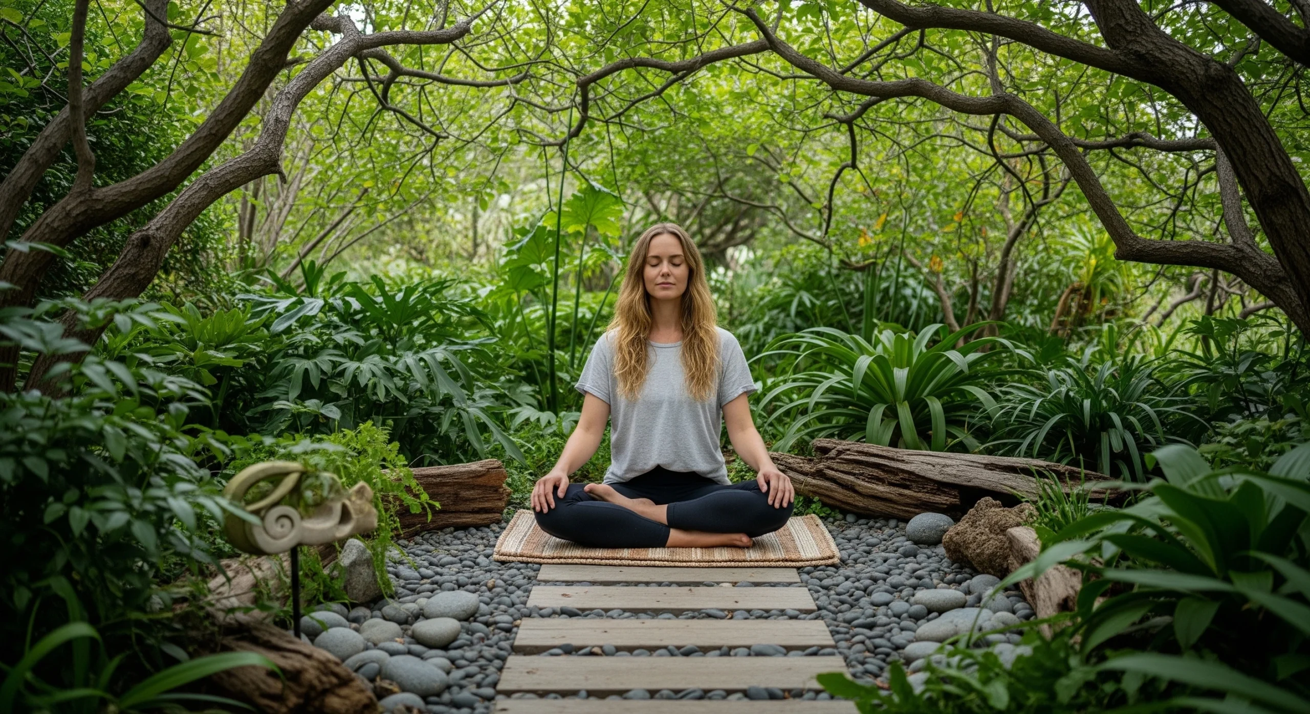 A person quietly meditating in their **outdoor meditation garden**, surrounded by lush plants and natural elements, practicing mindfulness and calm.